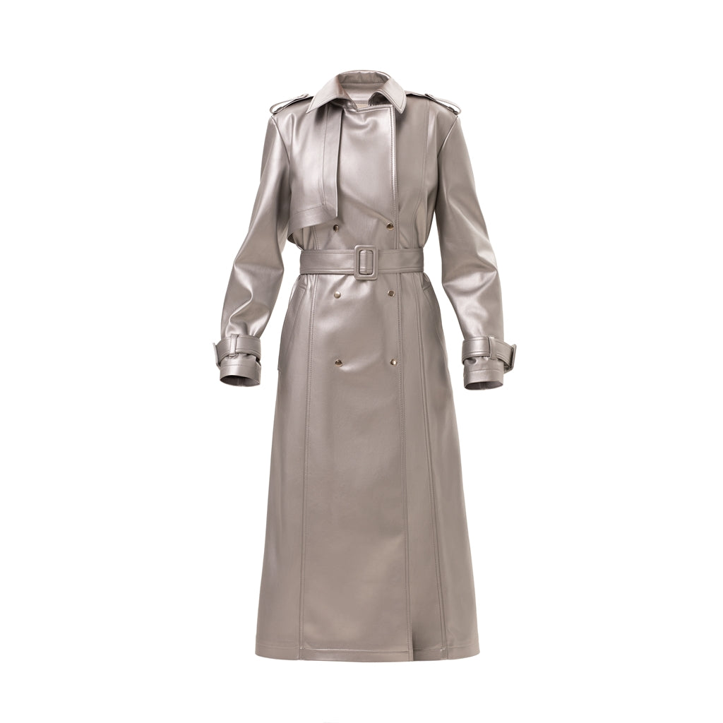 Silver Faux Leather Trench Coat