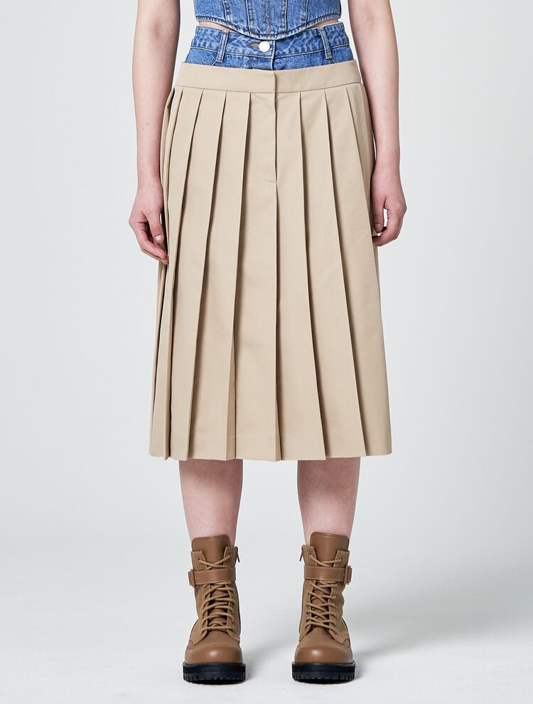JUUN.J -Double Waist Pleated Midi Skirt | Beige, buy at DOORS NYC