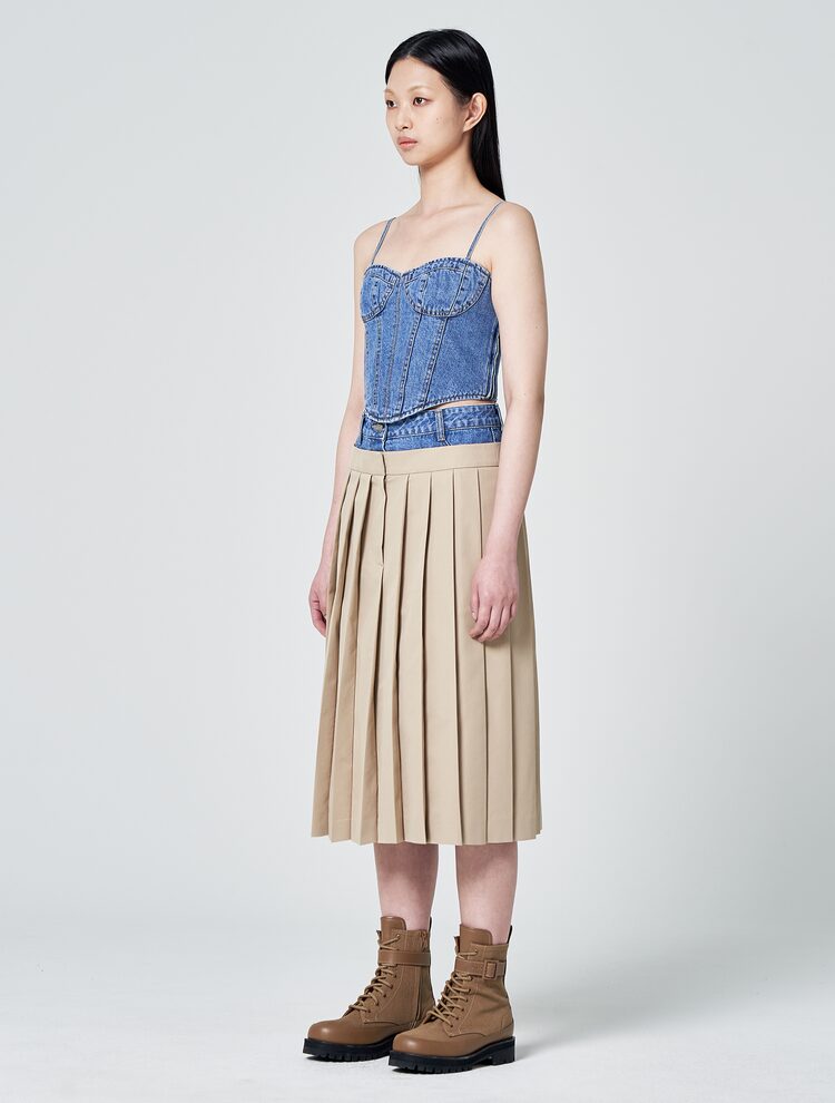 JUUN.J -Double Waist Pleated Midi Skirt | Beige, buy at DOORS NYC