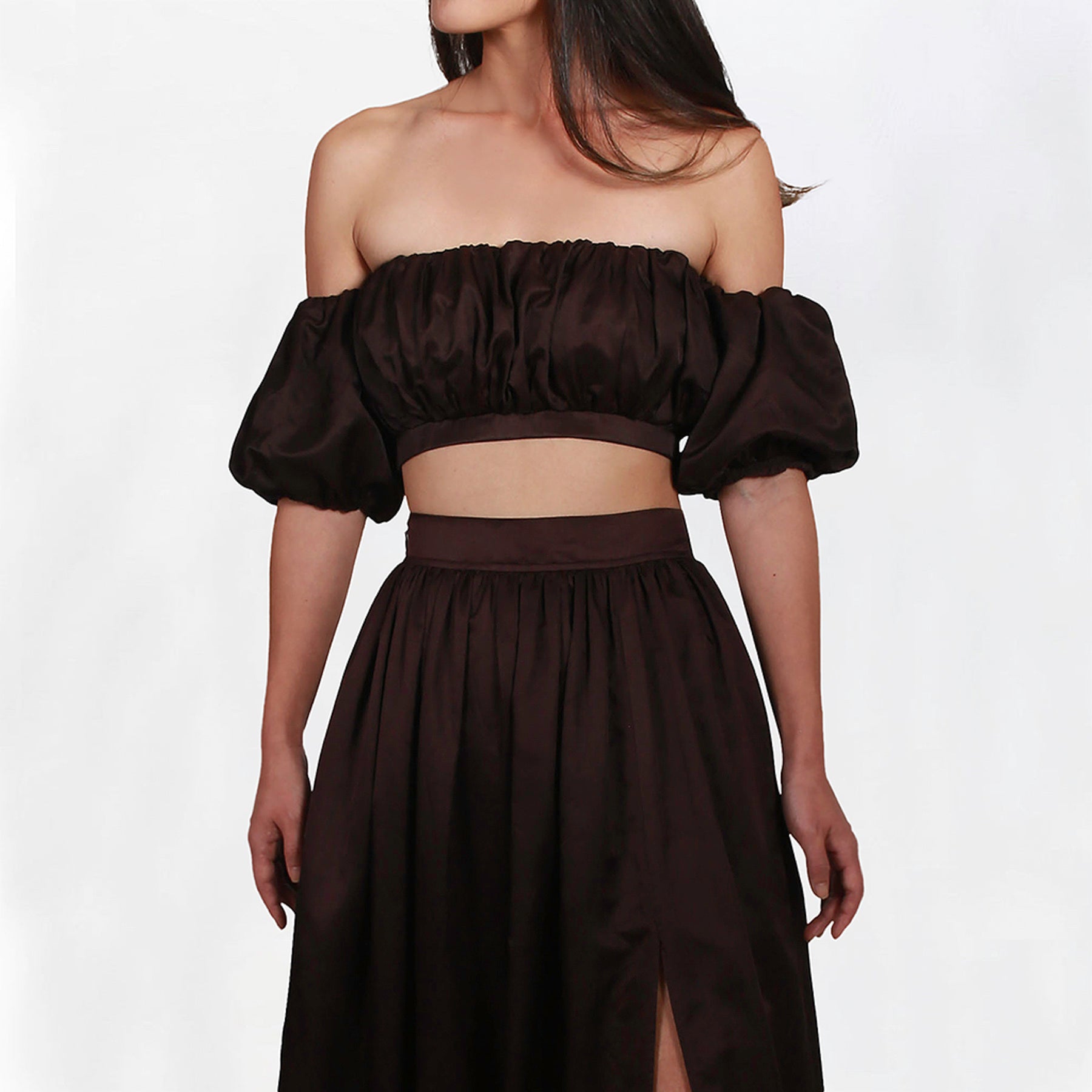 NUAJE NUAJE - Isabelle Cotton and Silk-Blend Shirred Crop Top | Brown at DOORS NYC