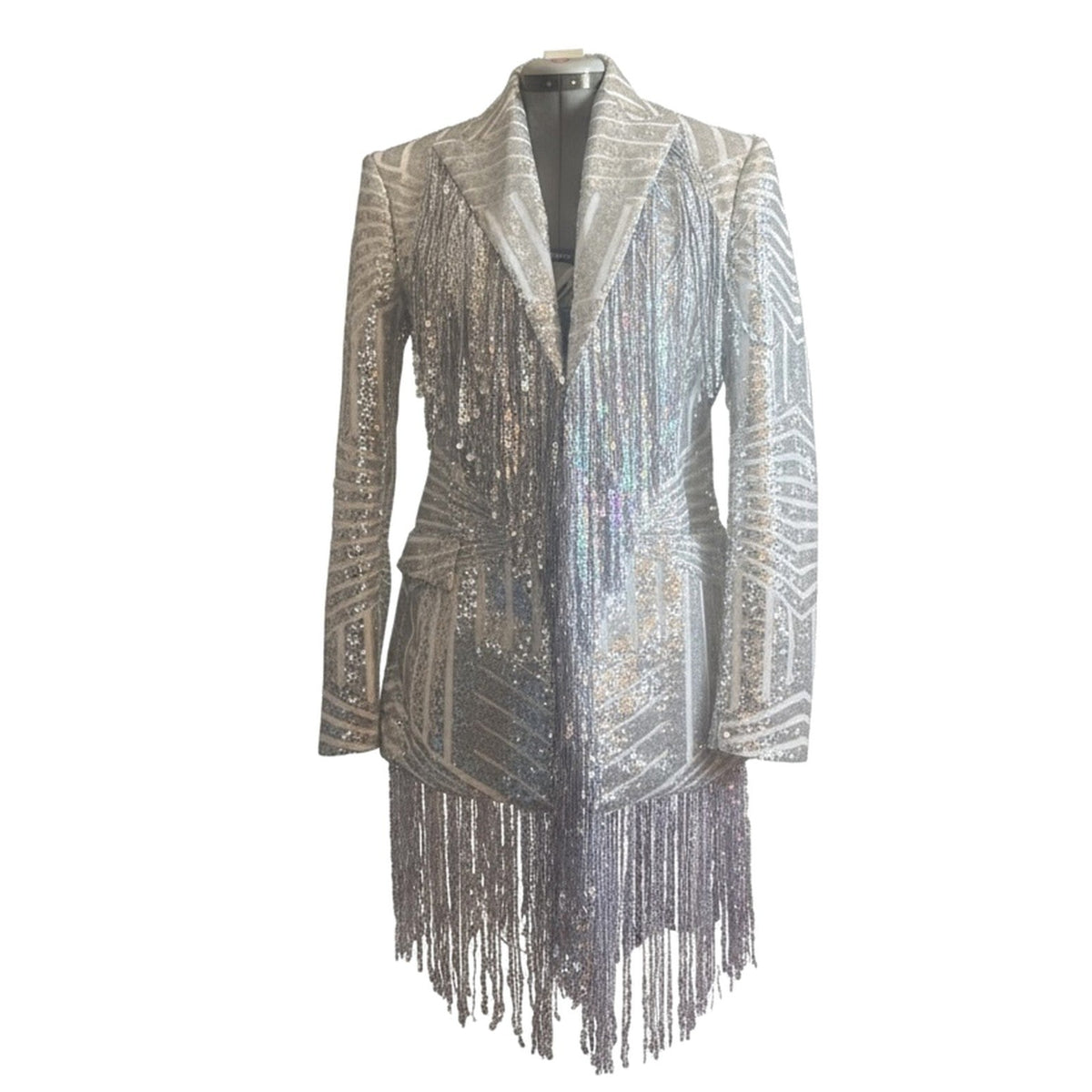 Silver Sequin Fringe Blazer Dress