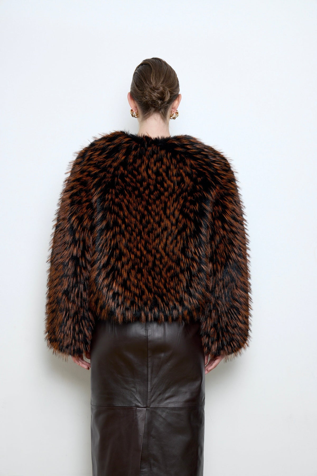 BASSIA black raccoon faux fur bomber front view, women's cropped jacket, PR sample at DOORS NYC