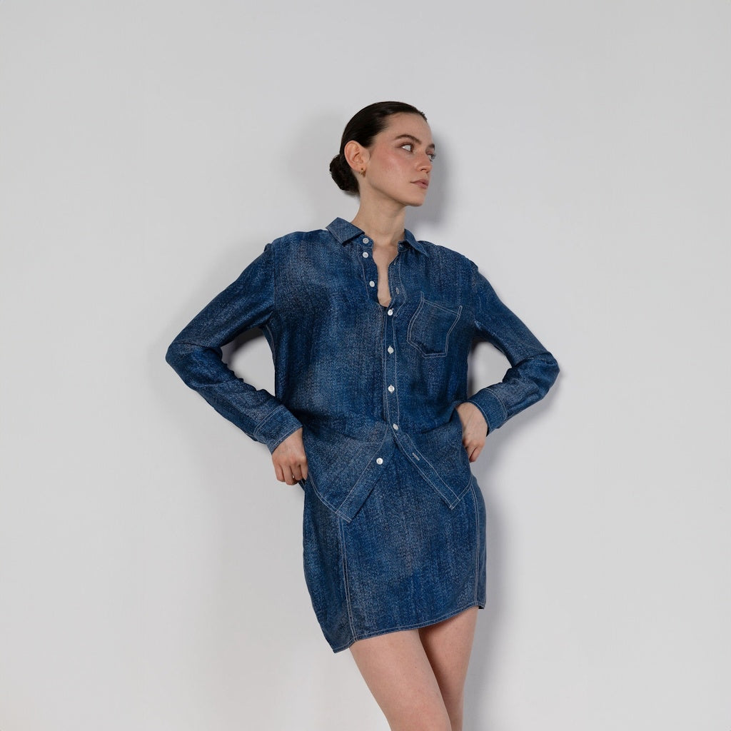 Denim Print Silk Shirt with Contrast Stitching
