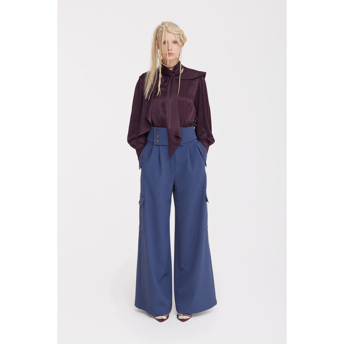JULIA ALLERT burgundy organza blouse with tie neck, worn by model, buy at DOORS NYC