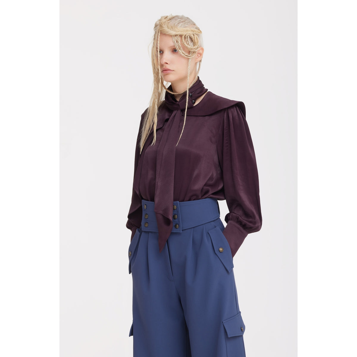 JULIA ALLERT burgundy draped blouse with voluminous sleeves, worn by model, buy at DOORS NYC
