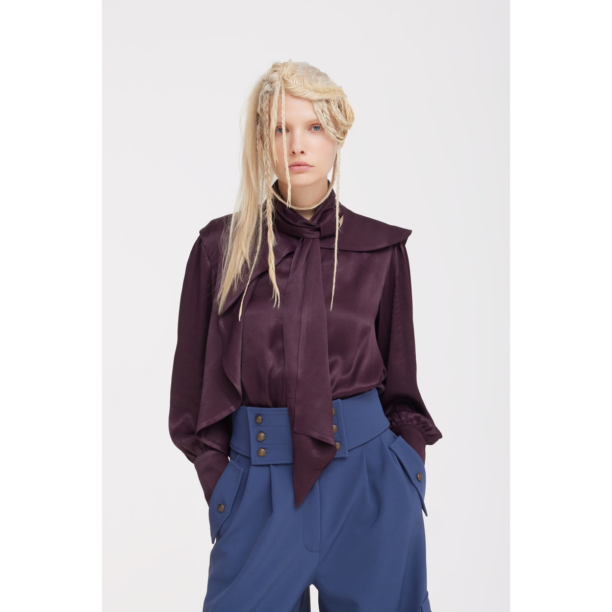 JULIA ALLERT burgundy draped blouse with structured cuffs, buy at DOORS NYC