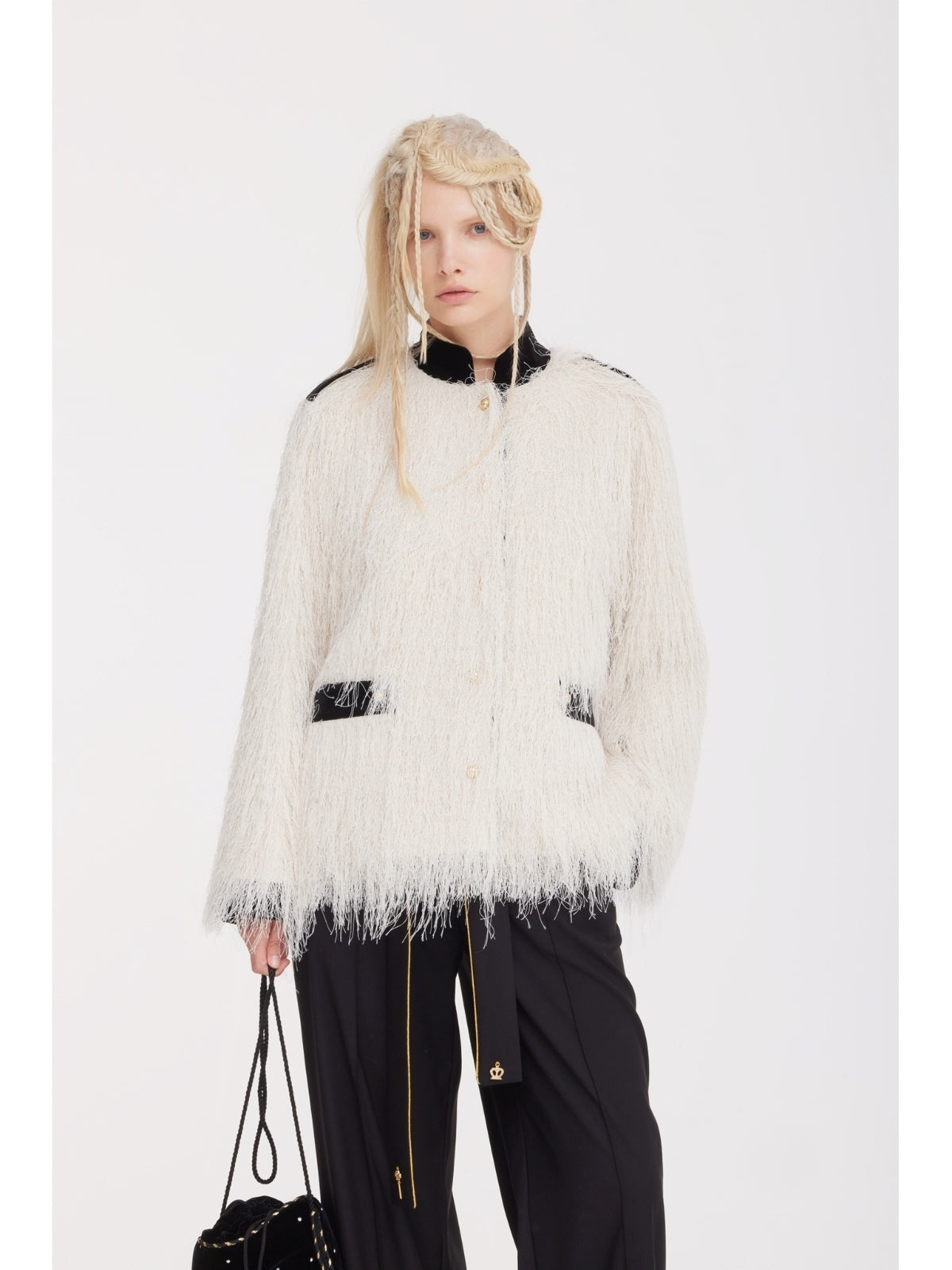 JULIA ALLERT ivory fuzzy statement jacket, side view on model, buy at DOORS NYC