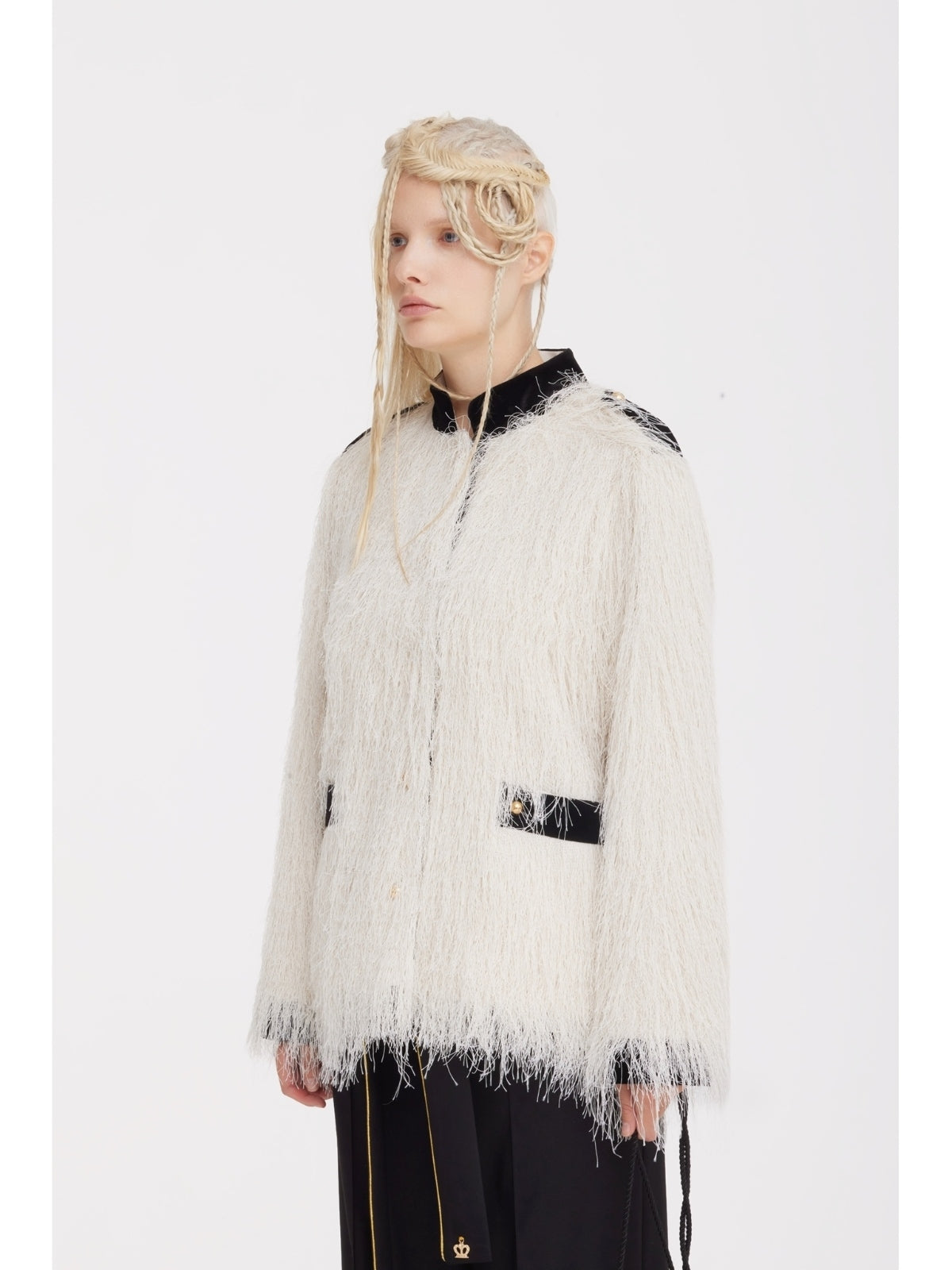 JULIA ALLERT ivory fuzzy jacket, full-length model shot, buy at DOORS NYC