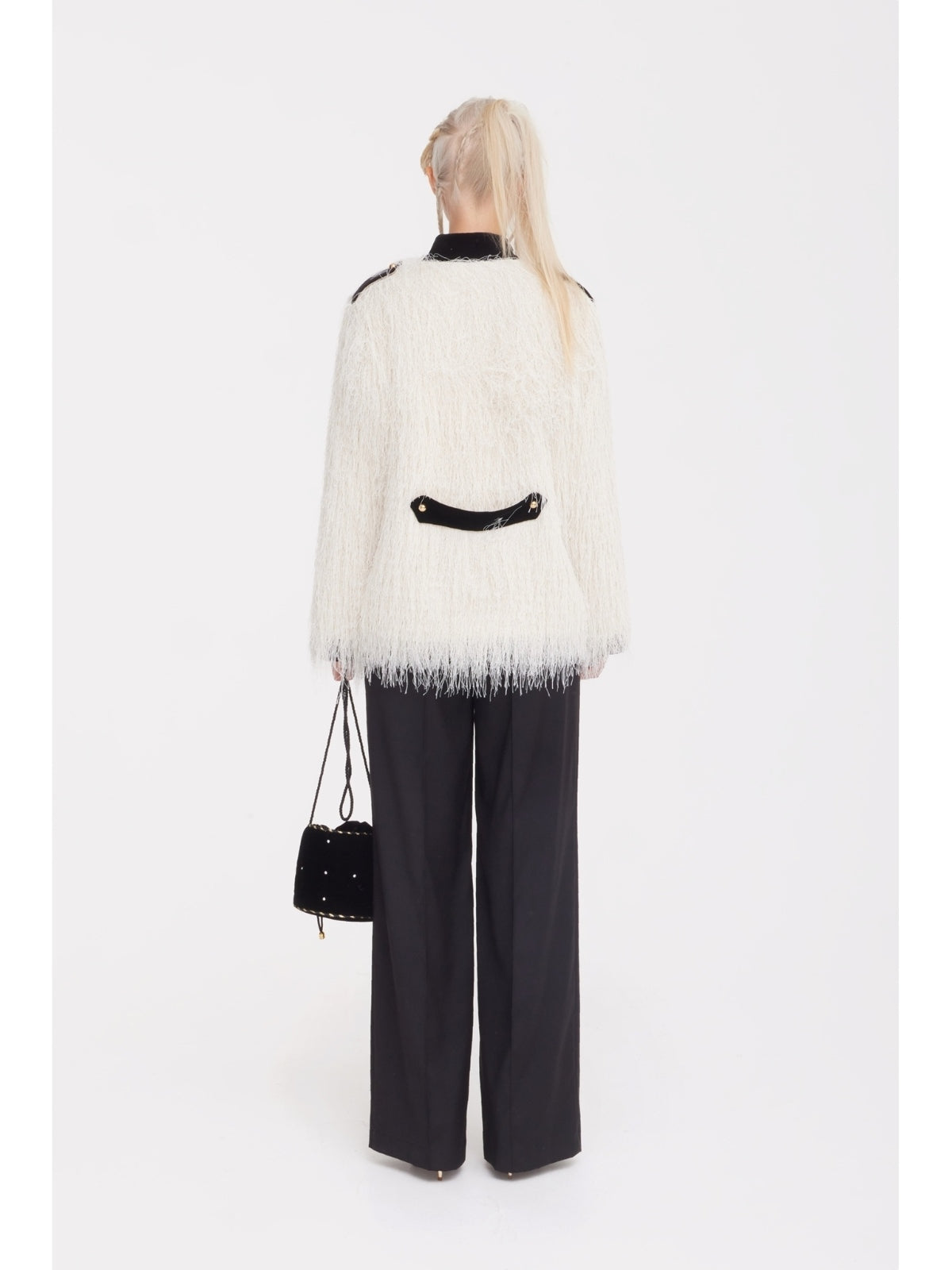 JULIA ALLERT ivory fuzzy statement jacket, front view on model, buy at DOORS NYC