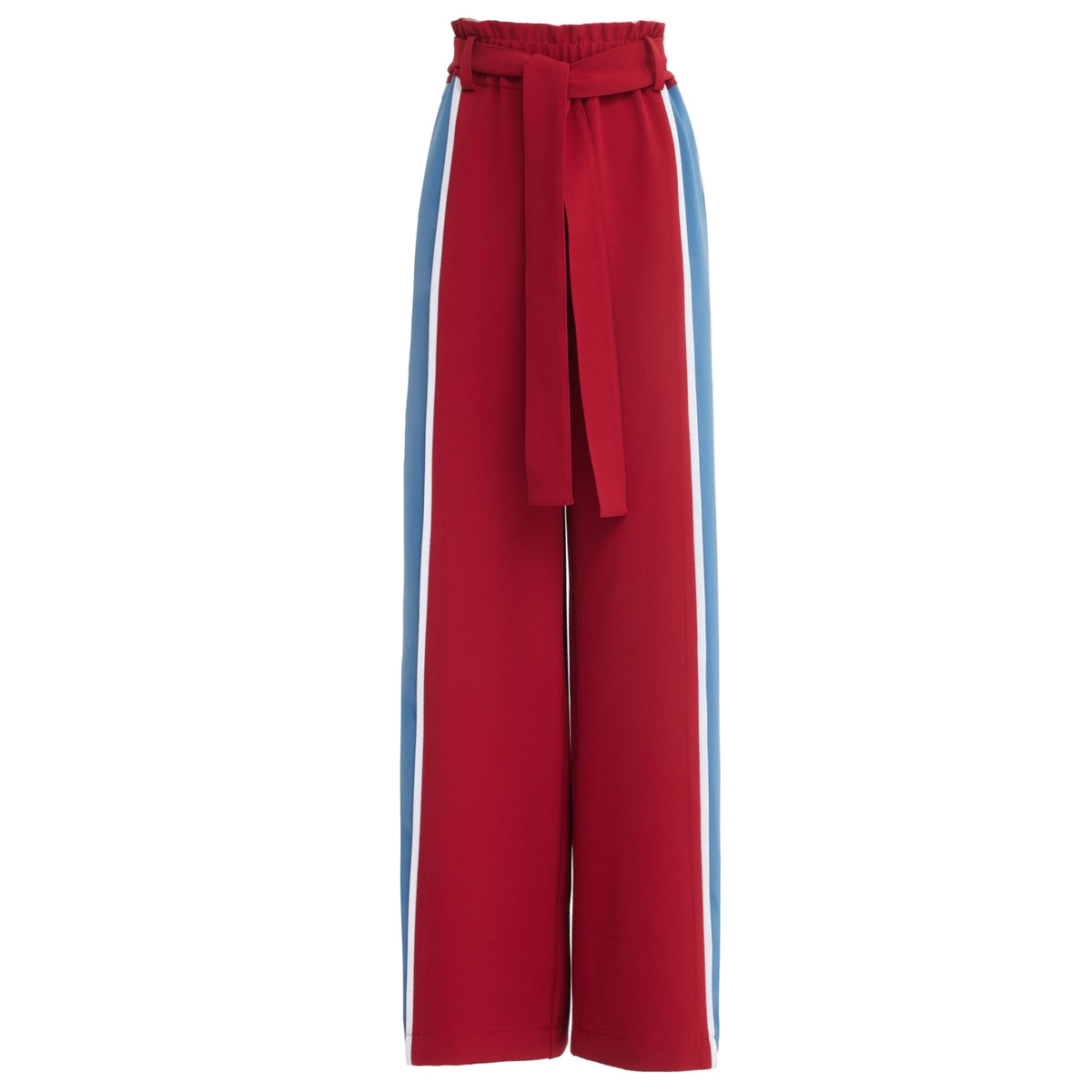 Belted High Waist Wide Leg Pants in burgundy by JULIA ALLERT, featuring a paperbag waist, matching fabric belt, and blue and white side stripes, shown on a white background.