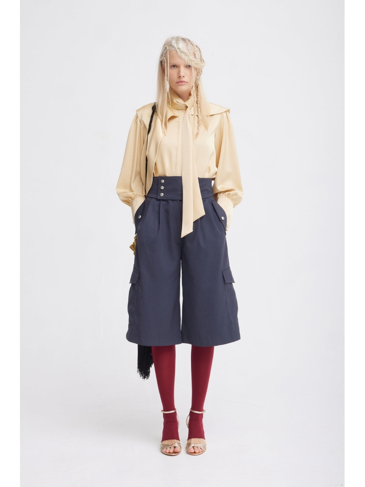 JULIA ALLERT beige draped organza blouse, front view on model, buy at DOORS NYC