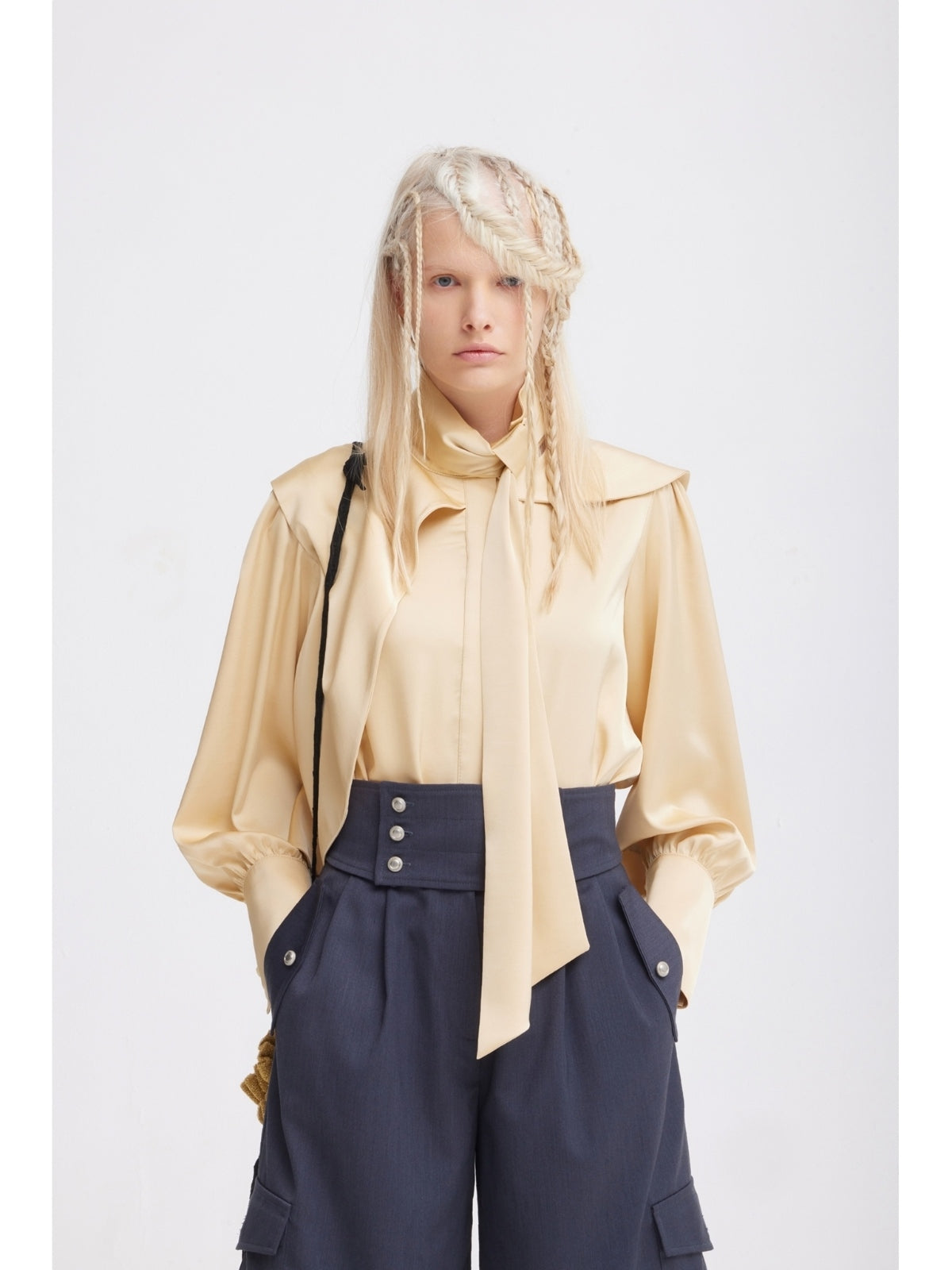 JULIA ALLERT draped organza blouse, side view on model, buy at DOORS NYC