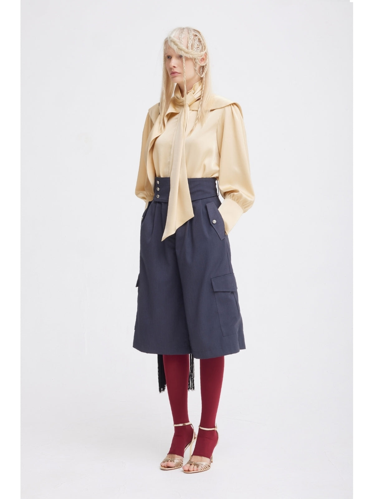 JULIA ALLERT draped high-neck organza blouse worn by model, styled look, buy at DOORS NYC