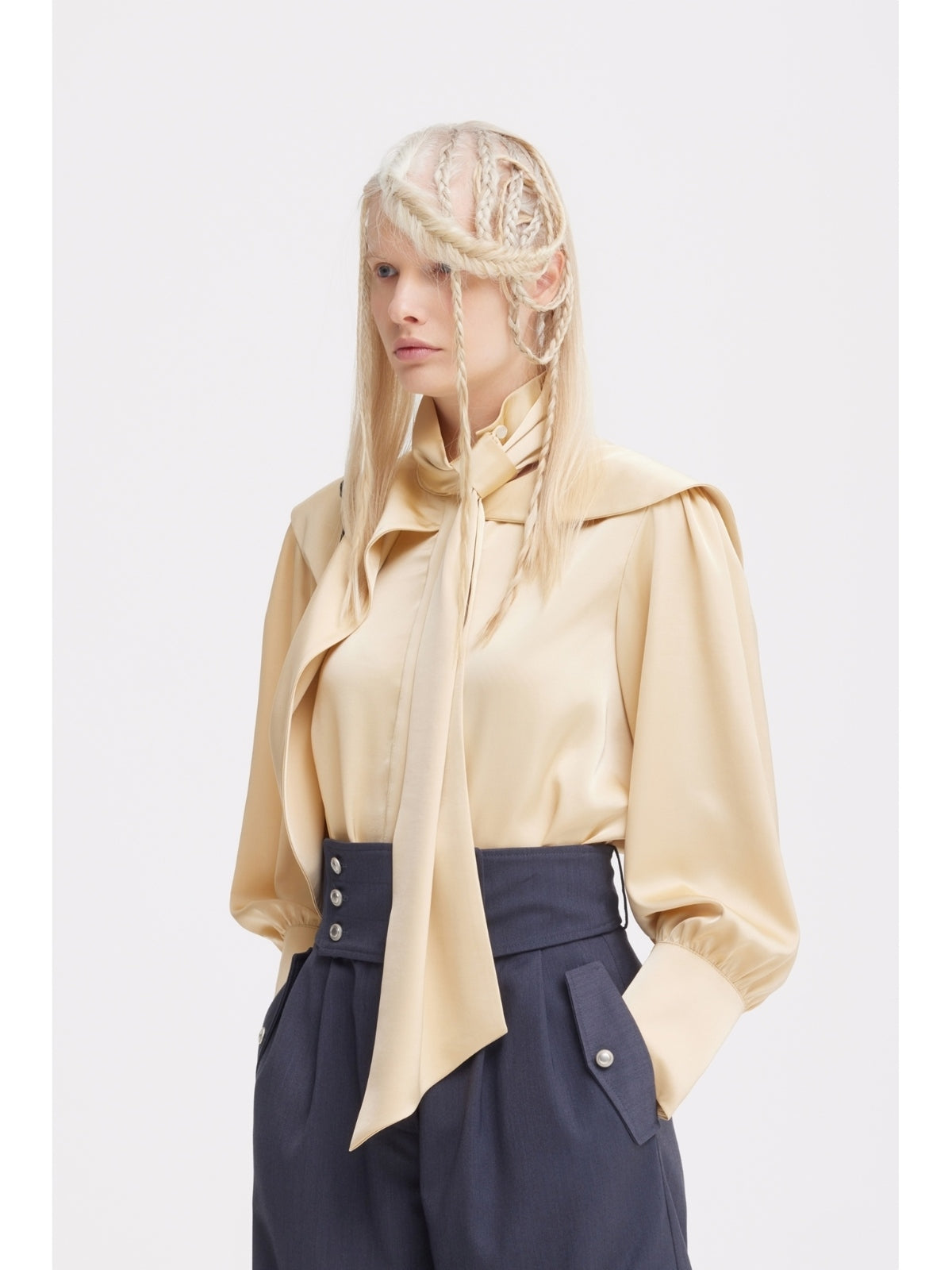 JULIA ALLERT high-neck draped blouse, full-length model shot, buy at DOORS NYC