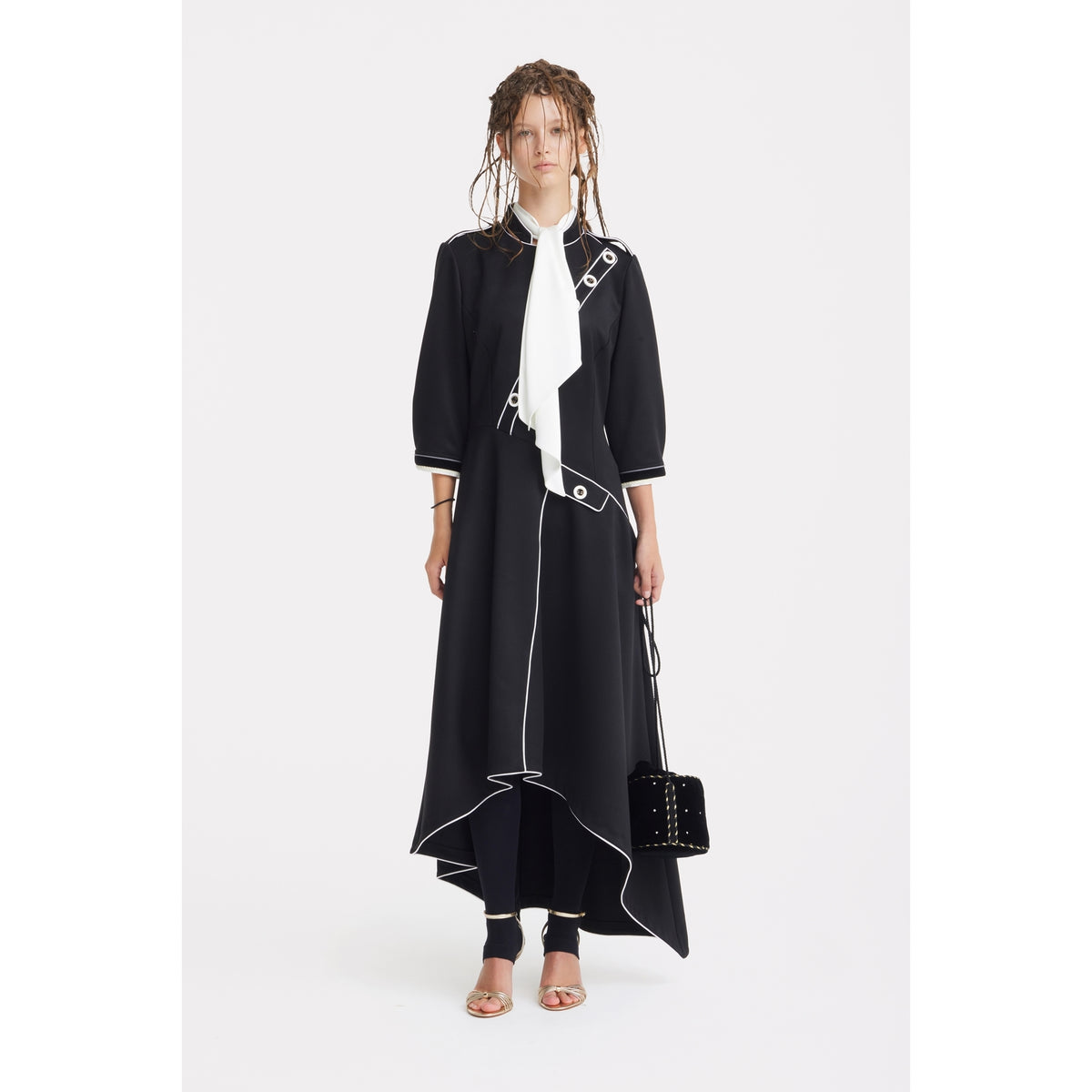 JULIA ALLERT black contrast-piping dress with flared skirt, front view on model, buy at DOORS NYC