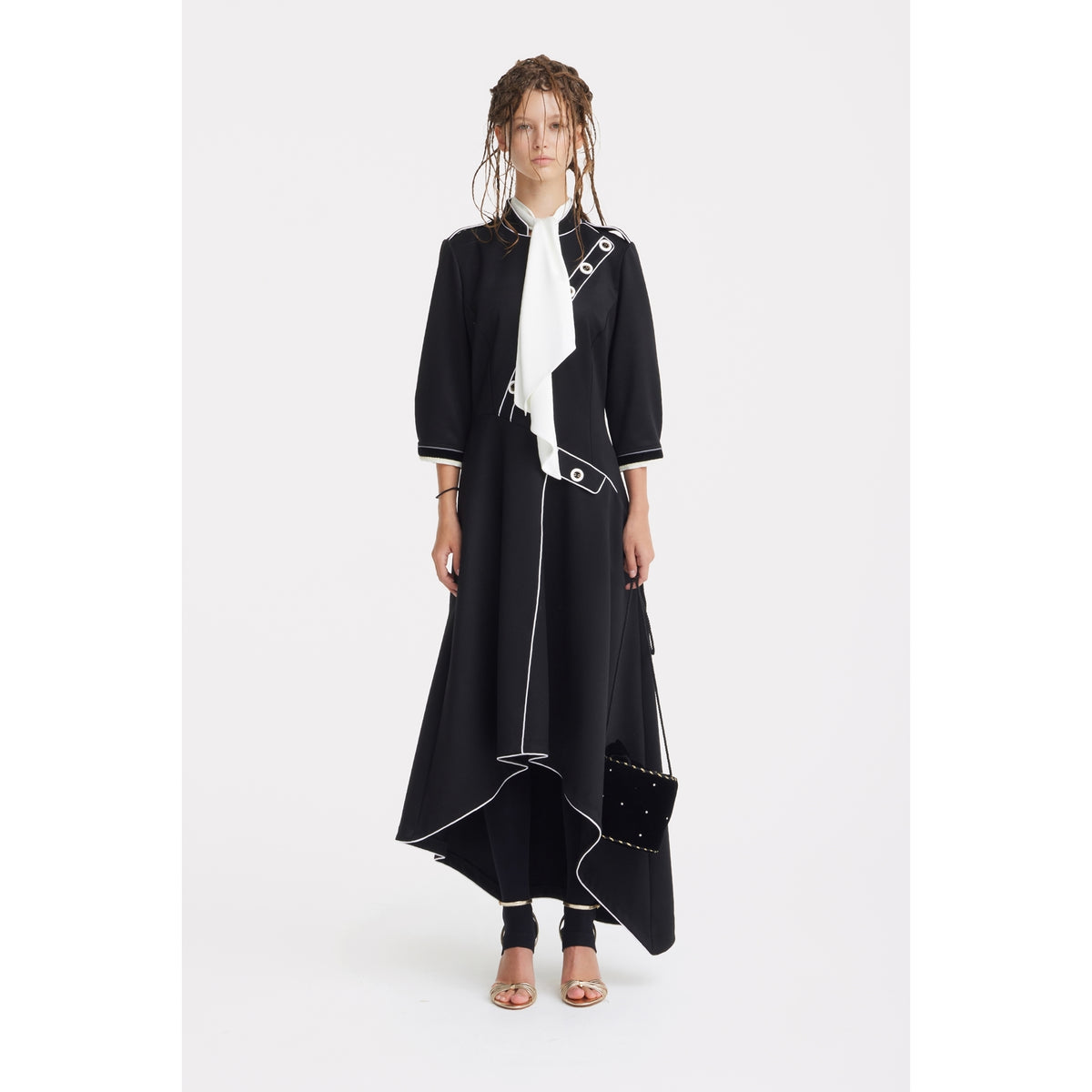 JULIA ALLERT black tailored A-line dress with long front tie, worn by model, buy at DOORS NYC
