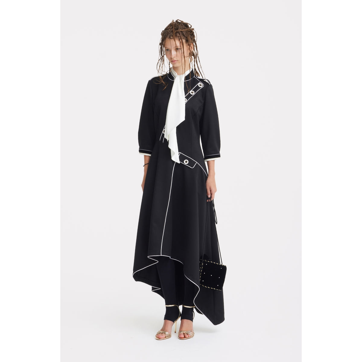 JULIA ALLERT black dress with white piping and three-quarter sleeves, styled look, buy at DOORS NYC