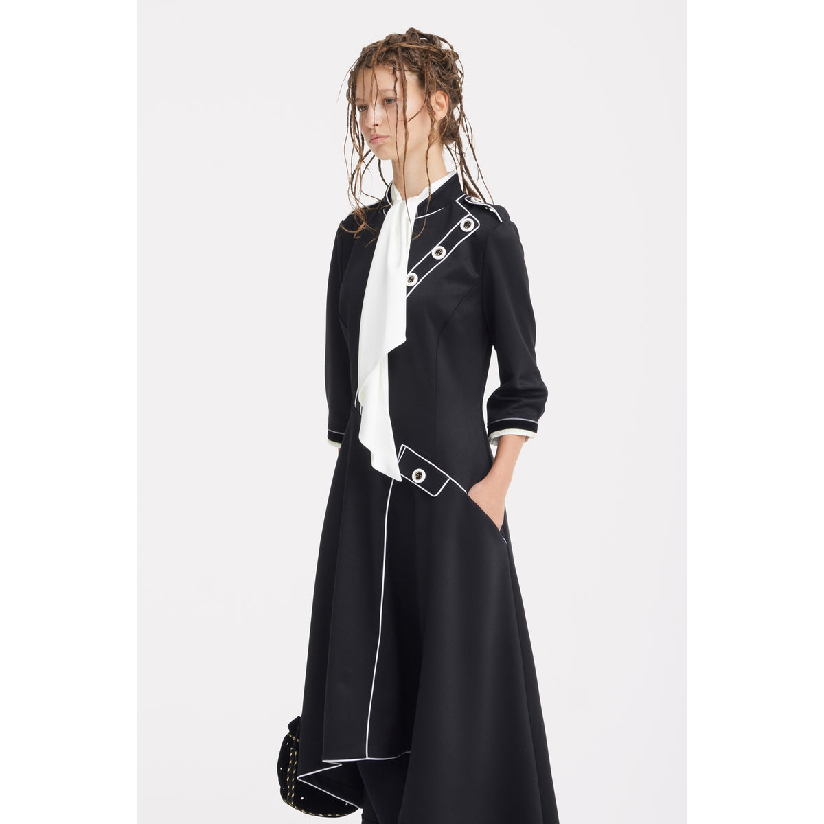 JULIA ALLERT black dress with buttoned flap details and piping, worn by model, buy at DOORS NYC