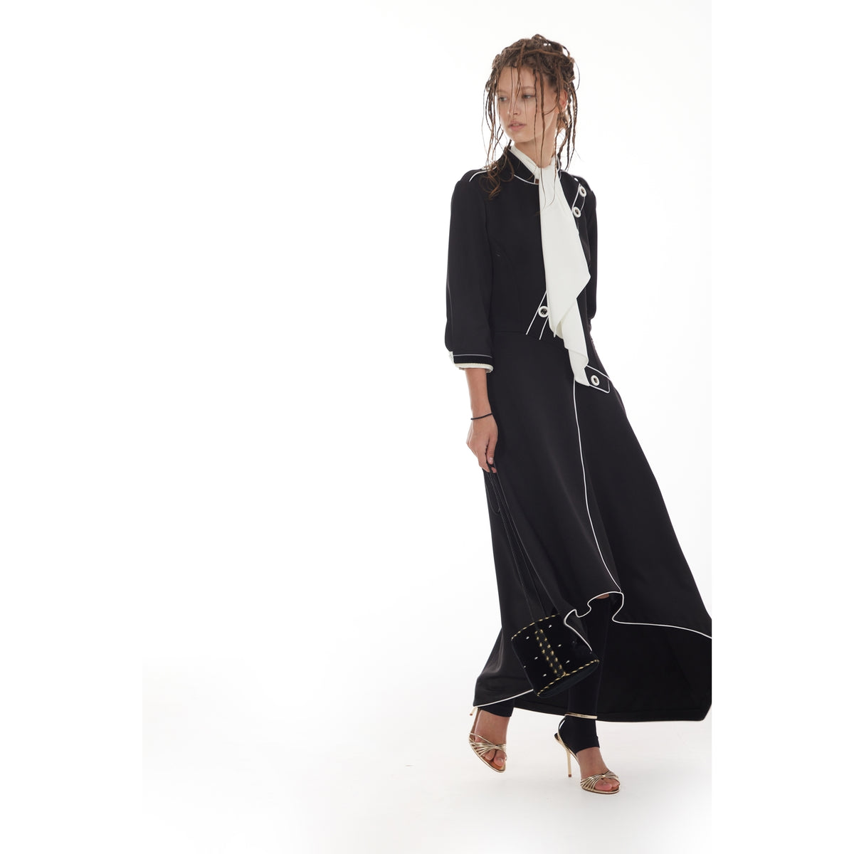 JULIA ALLERT black A-line dress, full-length walking look, buy at DOORS NYC