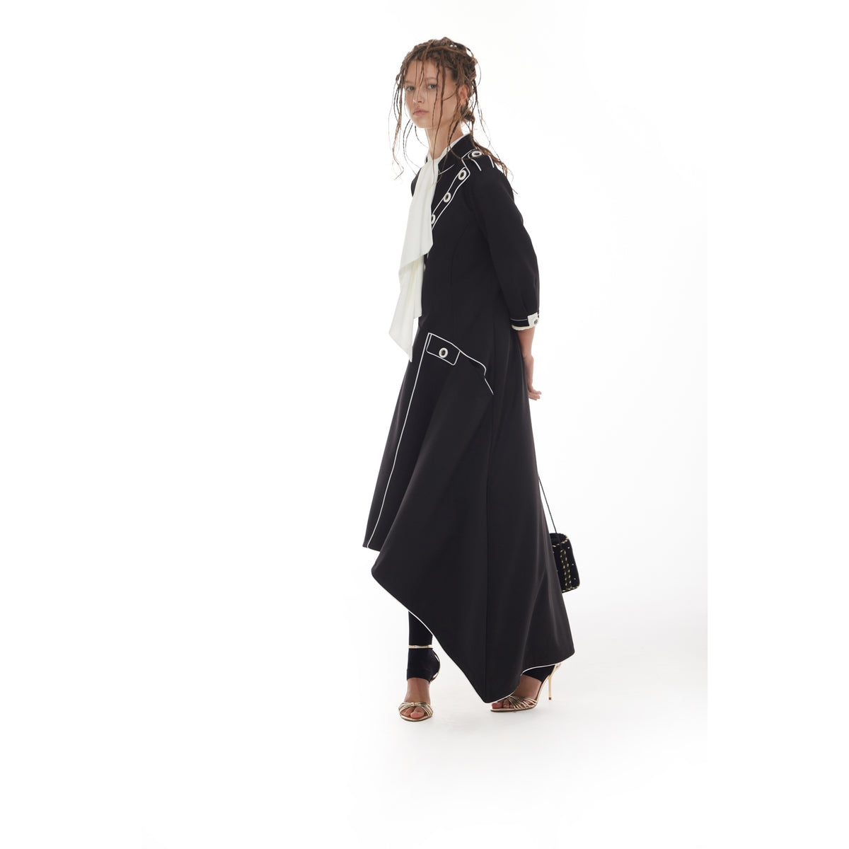 JULIA ALLERT black asymmetric hem dress, side view worn by model, buy at DOORS NYC