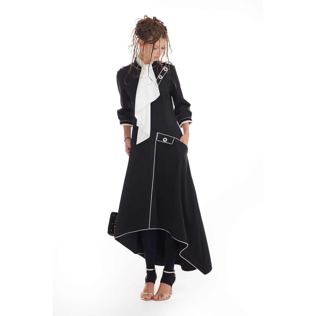 JULIA ALLERT black asymmetric hem dress, movement shot, buy at DOORS NYC