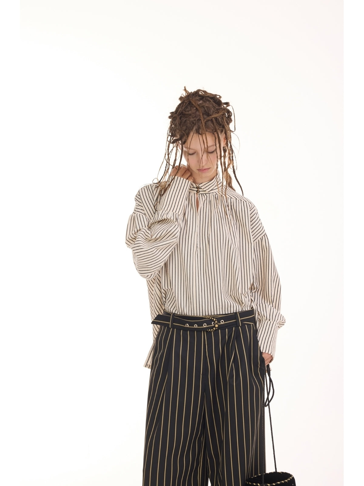 JULIA ALLERT ivory striped oversized blouse, close-up on model, buy at DOORS NYC