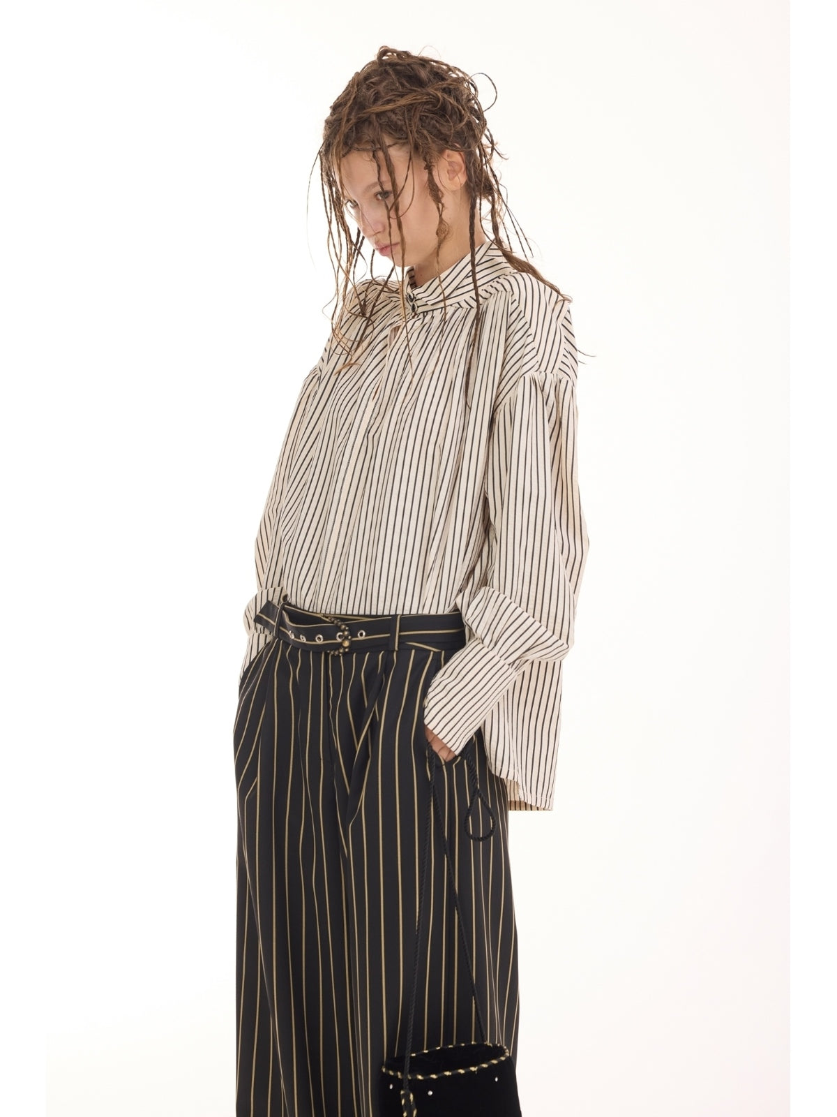 JULIA ALLERT striped long sleeve blouse, full-length model shot, buy at DOORS NYC