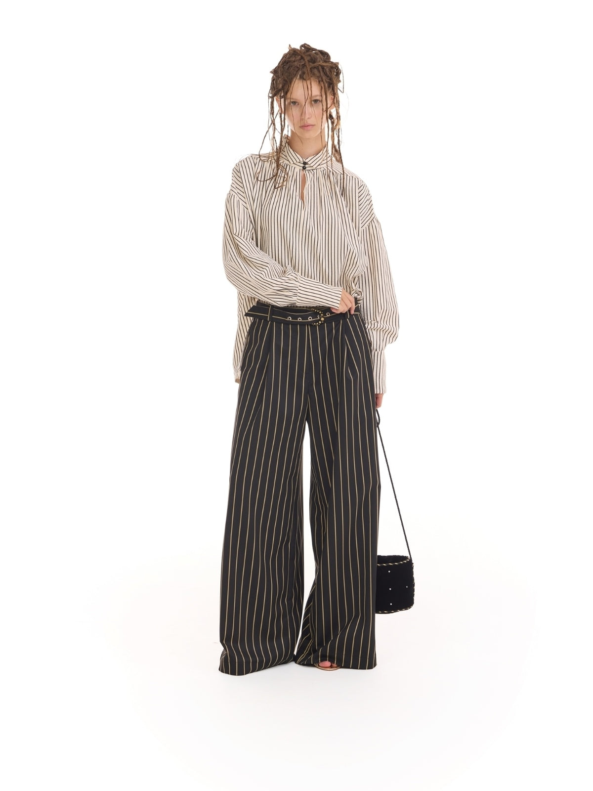 JULIA ALLERT pinstripe wide-leg trousers, front view on model, buy at DOORS NYC