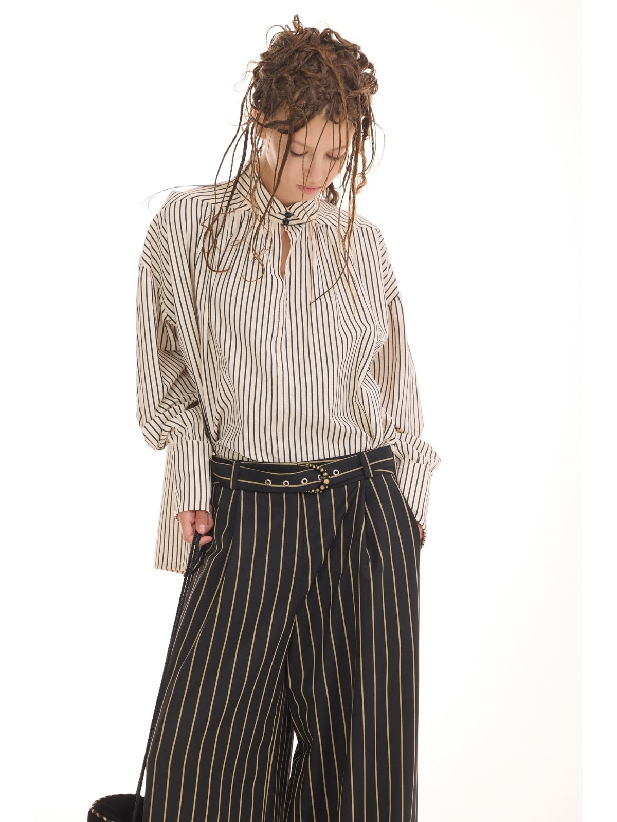JULIA ALLERT ivory striped oversized blouse, front view on model, buy at DOORS NYC