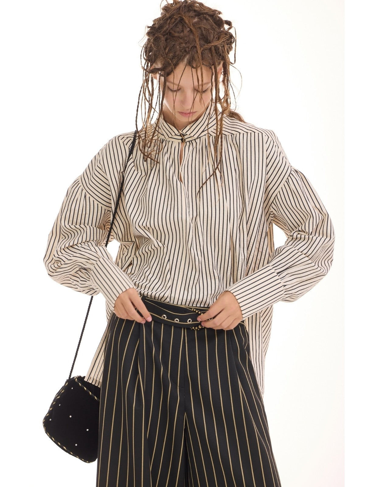 JULIA ALLERT ivory striped oversized blouse, styled look, buy at DOORS NYC
