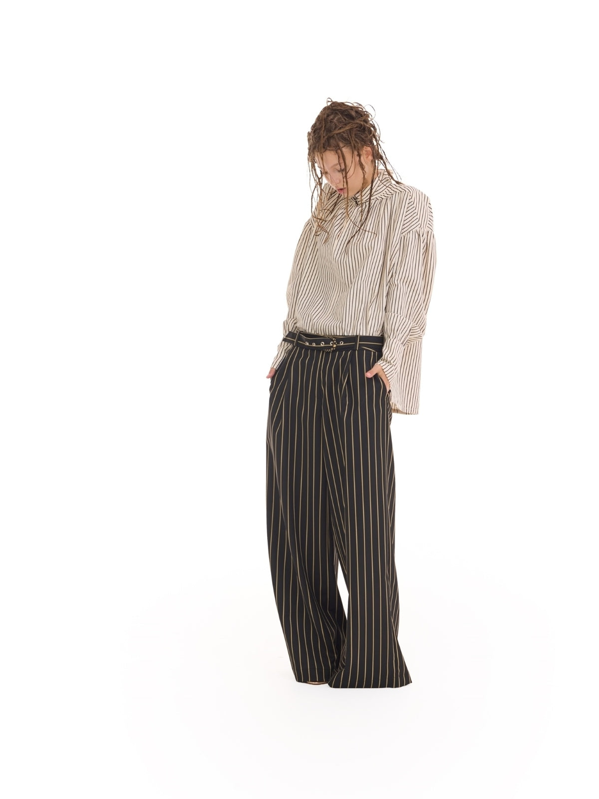 JULIA ALLERT black pinstripe palazzo pants, full-length model shot, buy at DOORS NYC