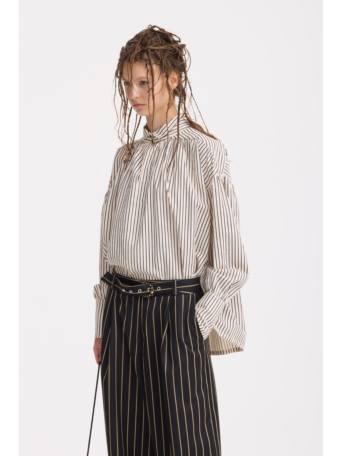 JULIA ALLERT ivory striped oversized long sleeve blouse worn by model with pinstripe trousers, buy at DOORS NYC