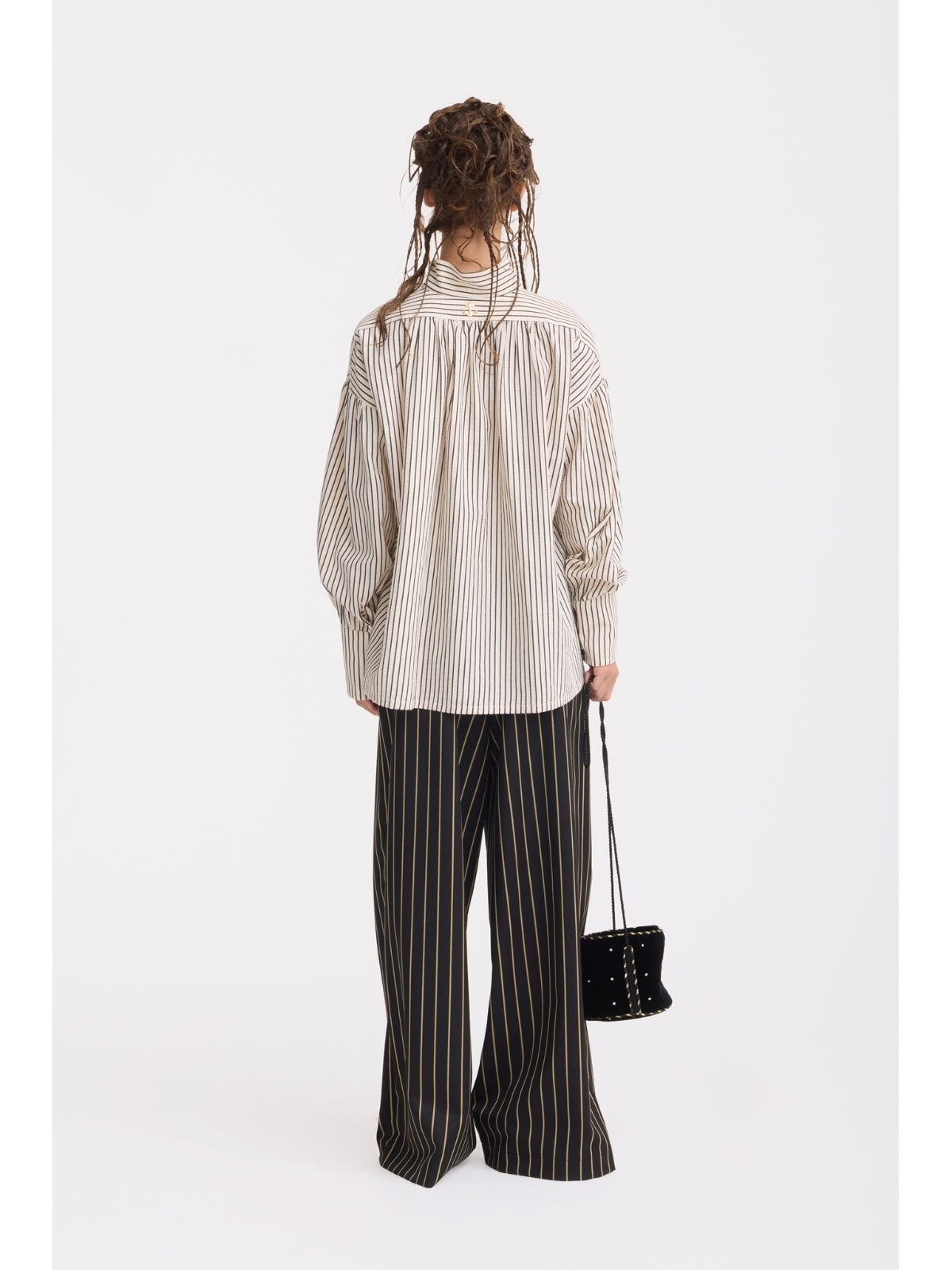 JULIA ALLERT ivory striped oversized blouse, back view on model, buy at DOORS NYC