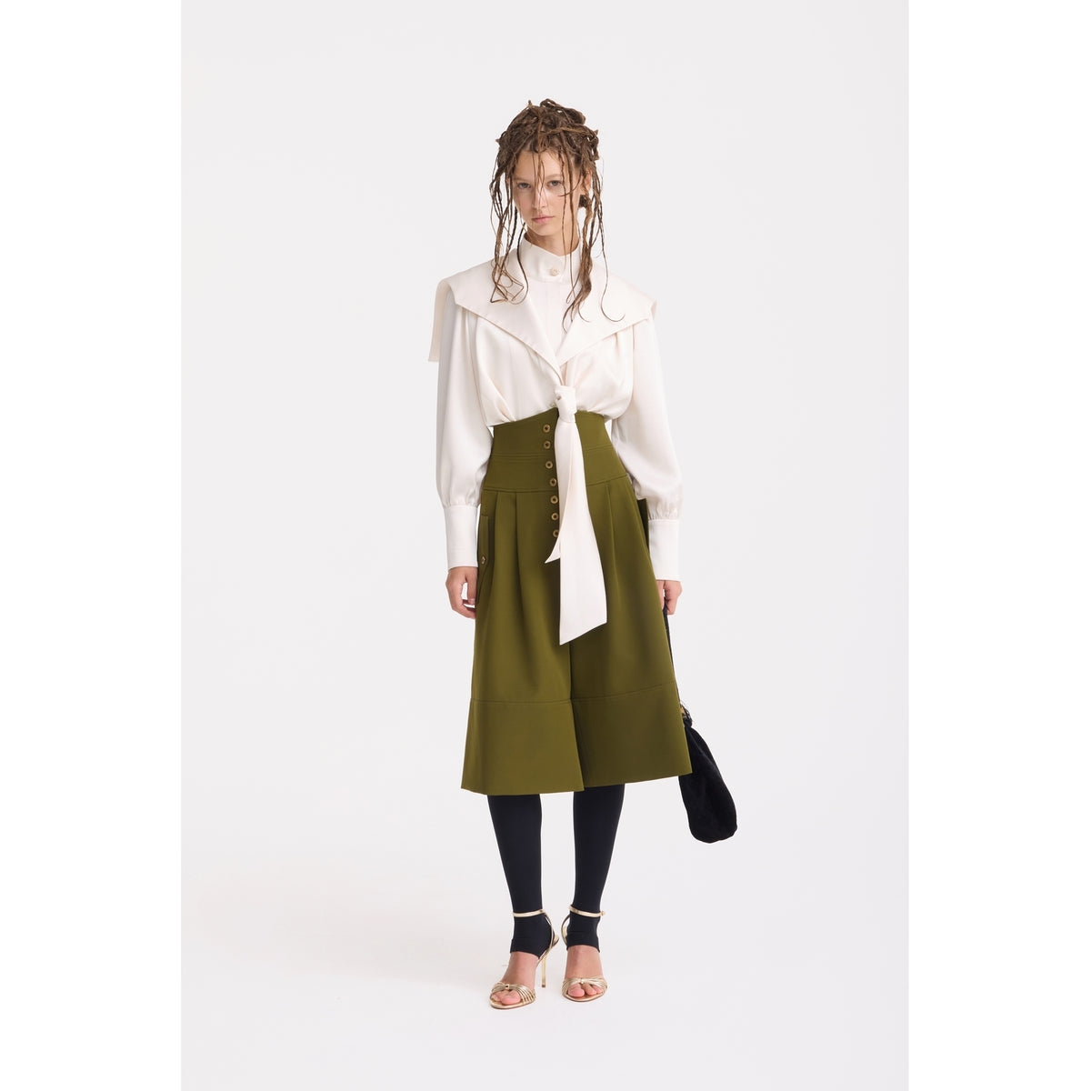 JULIA ALLERT olive green cargo culottes worn by model with white blouse, styled look, buy at DOORS NYC