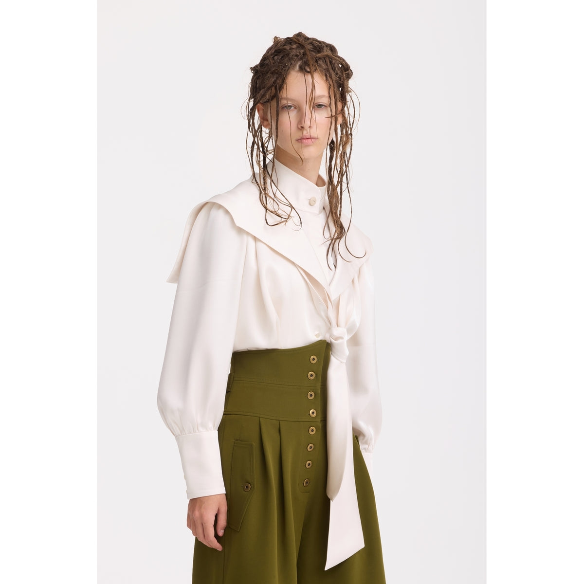JULIA ALLERT olive green high-waisted culottes, styled outfit, buy at DOORS NYC