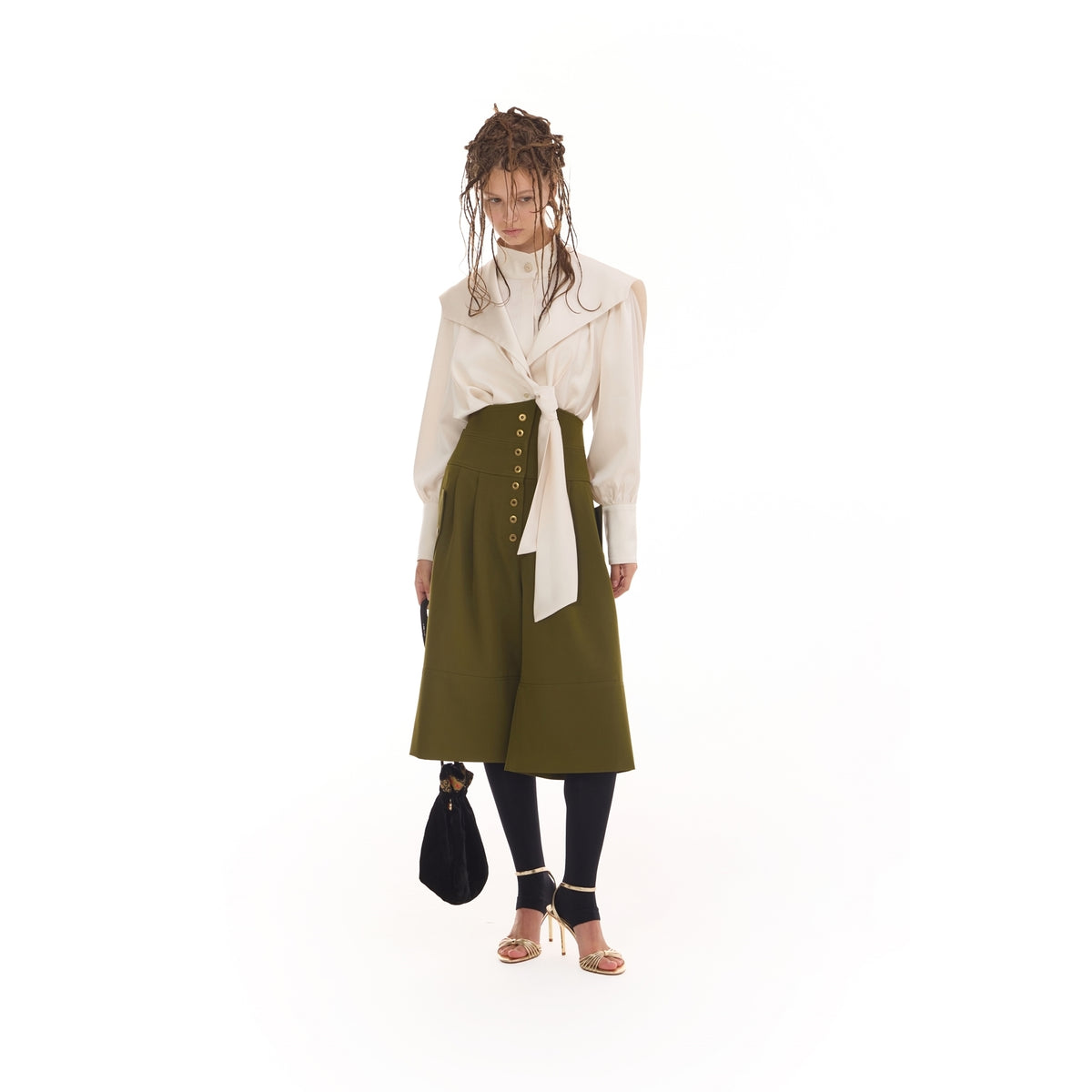 JULIA ALLERT olive green cargo culotte shorts, full-length model shot, buy at DOORS NYC
