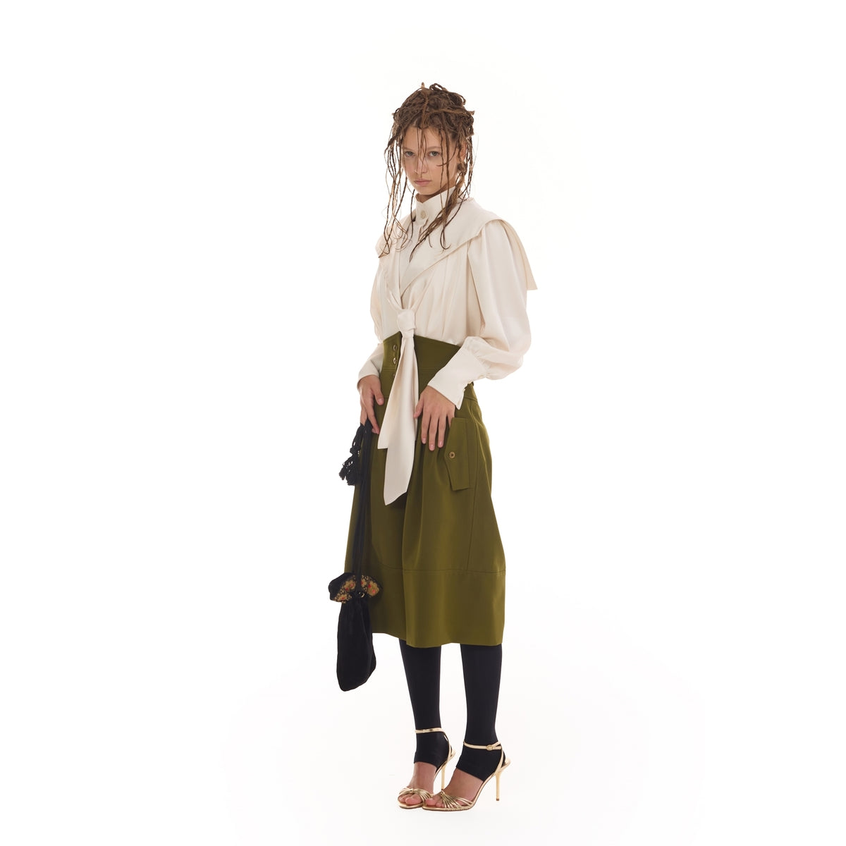 JULIA ALLERT olive green cargo culotte shorts, back view on model, buy at DOORS NYC