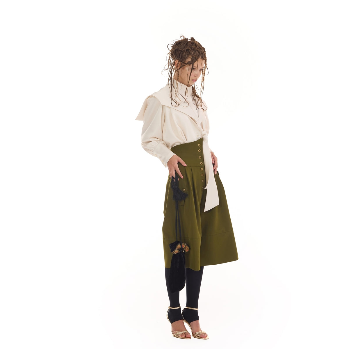 JULIA ALLERT olive green culottes, side view on model, buy at DOORS NYC