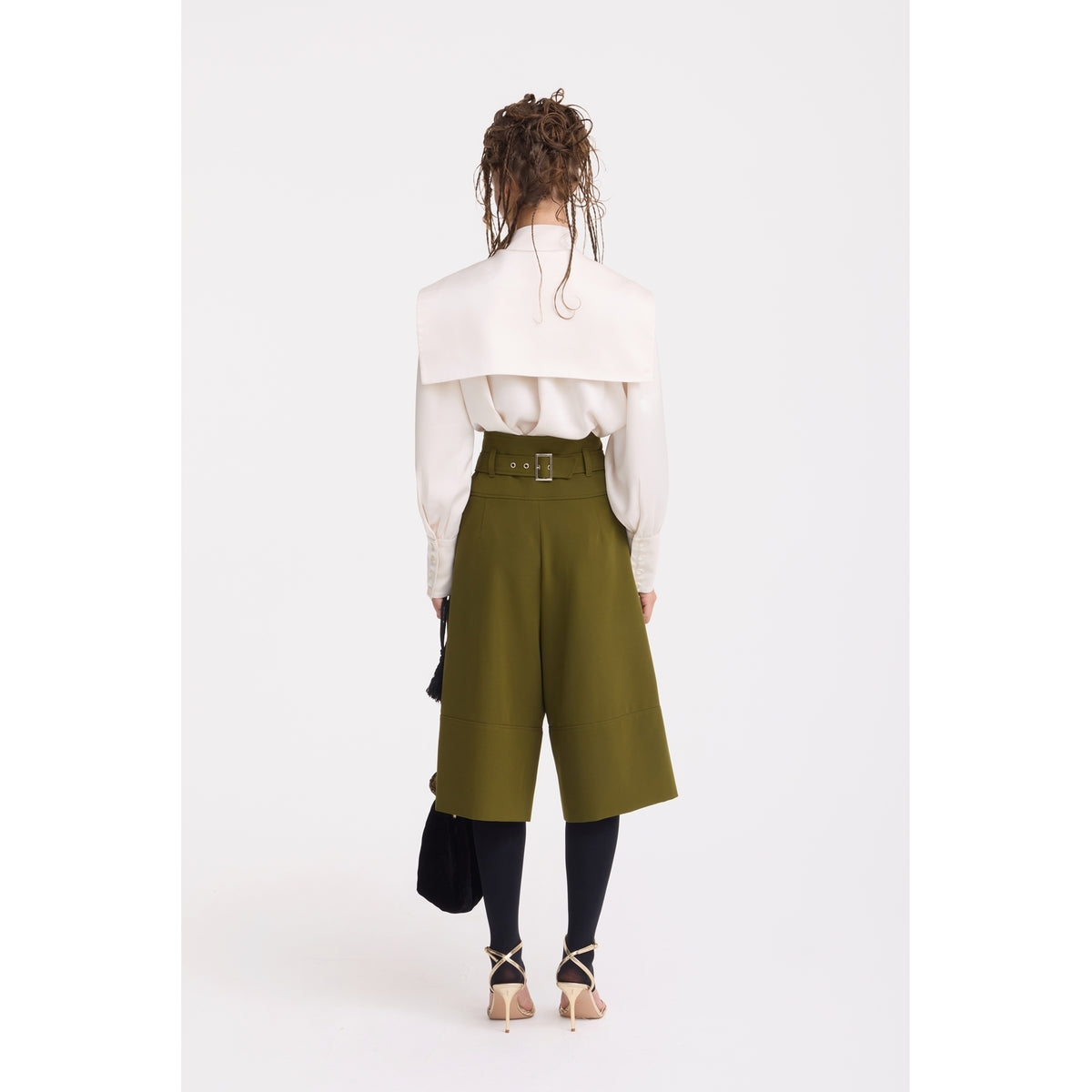 JULIA ALLERT olive green high-waisted culotte shorts, front view on model, buy at DOORS NYC