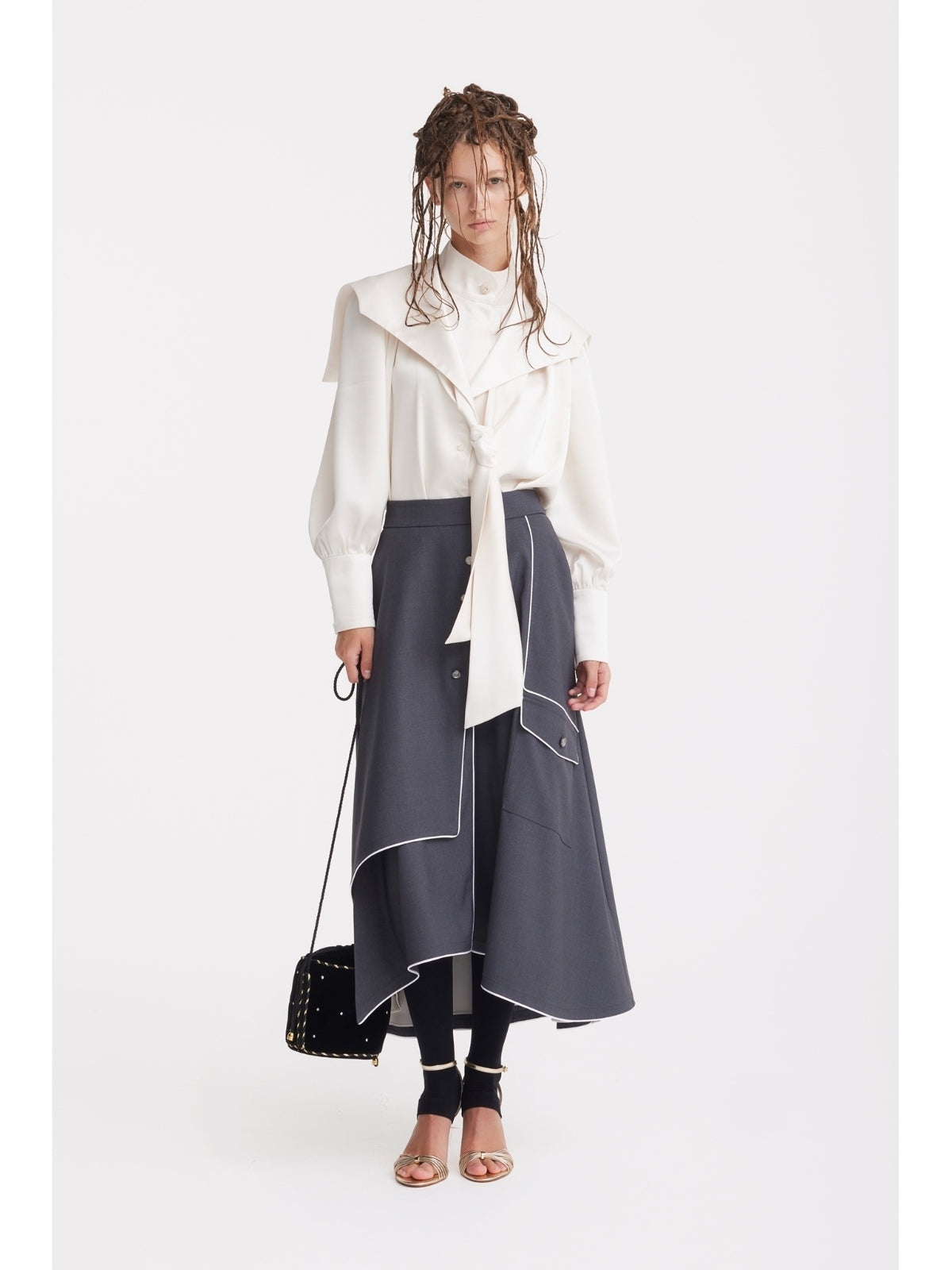 JULIA ALLERT dark gray tailored skirt, side view on model, buy at DOORS NYC