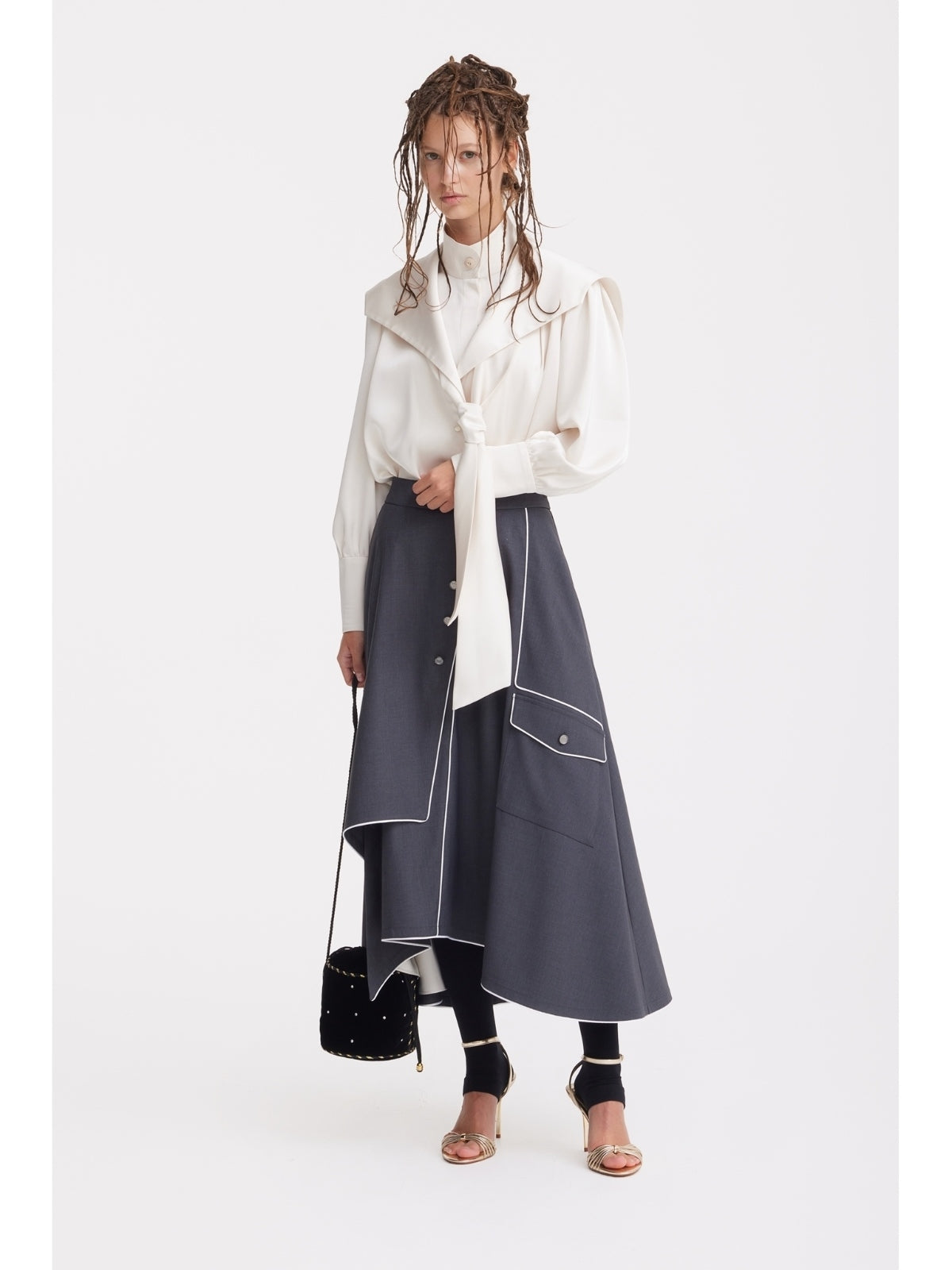 JULIA ALLERT dark gray asymmetrical midi skirt with piped pockets, styled outfit, buy at DOORS NYC