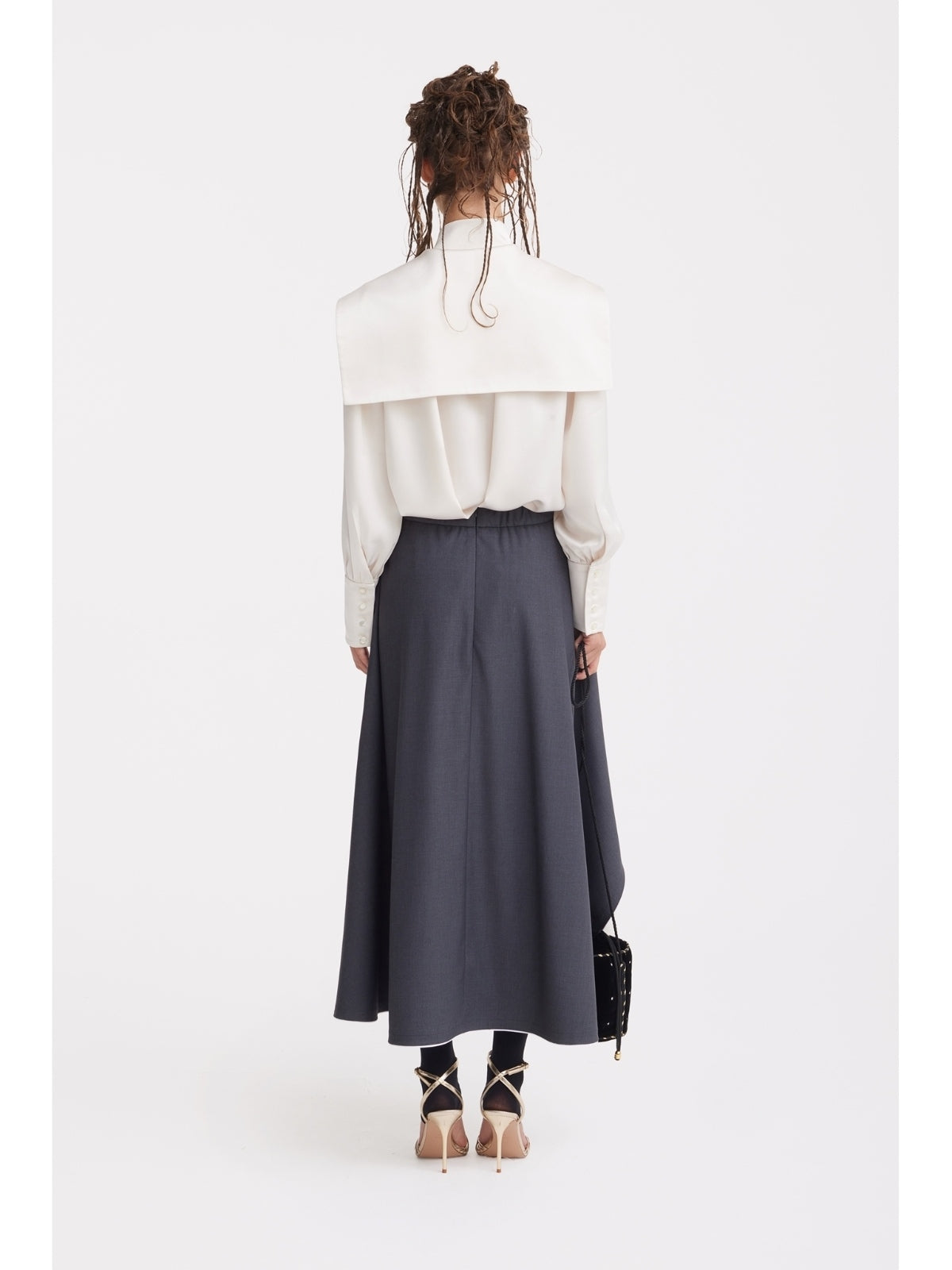 JULIA ALLERT dark gray tailored midi skirt, back view on model, buy at DOORS NYC