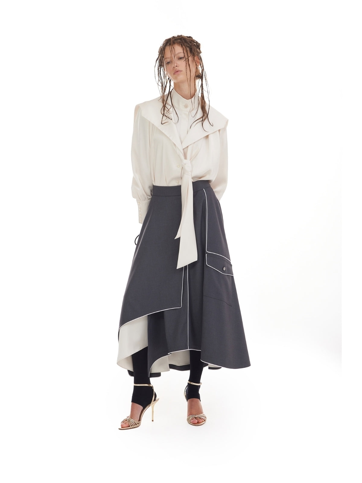 JULIA ALLERT dark gray tailored asymmetrical skirt, hem detail, buy at DOORS NYC