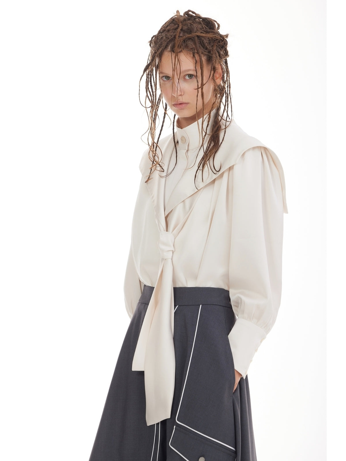 JULIA ALLERT dark gray tailored midi skirt, front view on model, buy at DOORS NYC