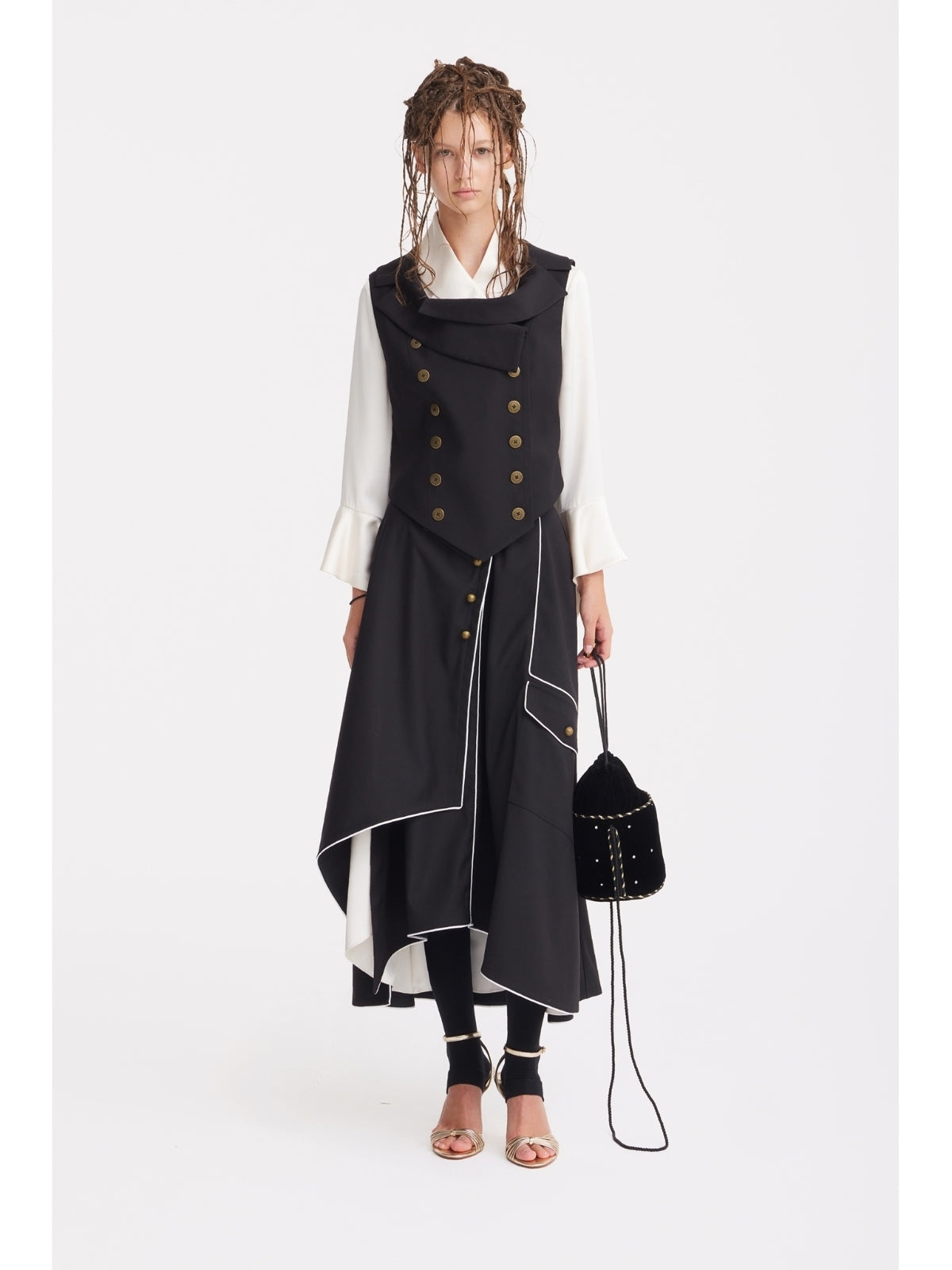 JULIA ALLERT black midi skirt with piped hem, model look, buy at DOORS NYC
