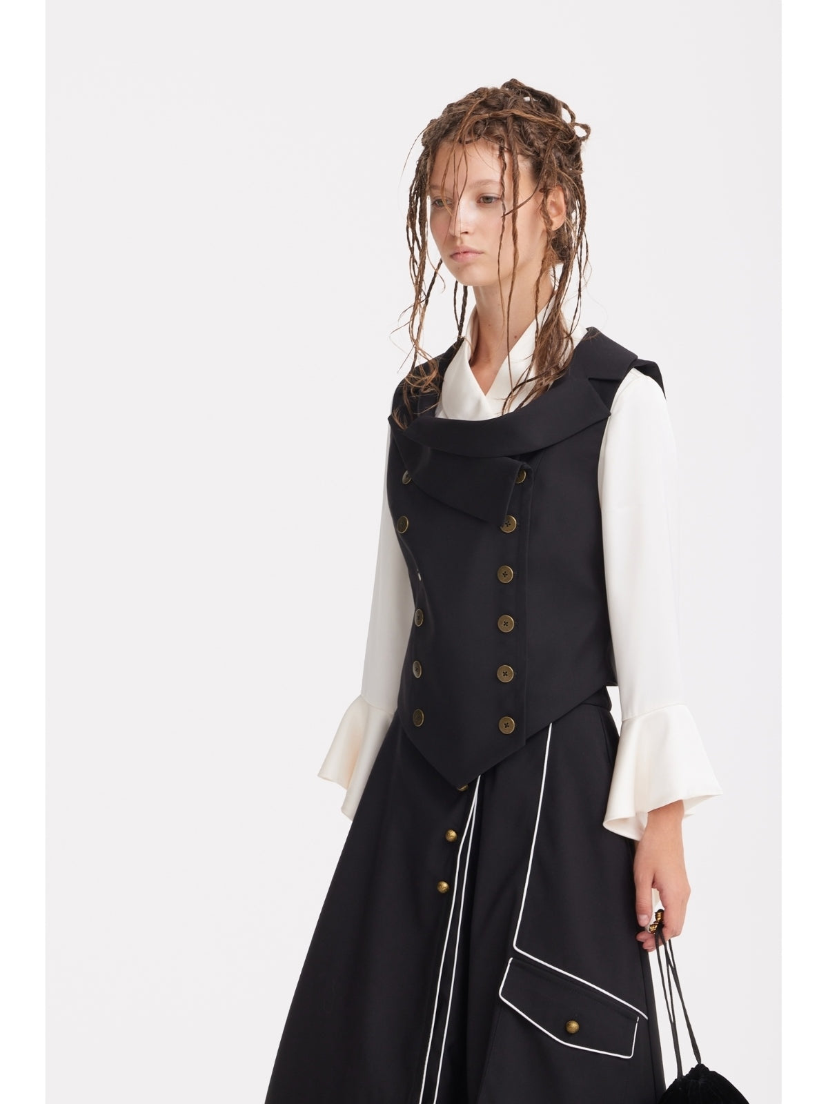 JULIA ALLERT black asymmetrical midi skirt, side view on model, buy at DOORS NYC