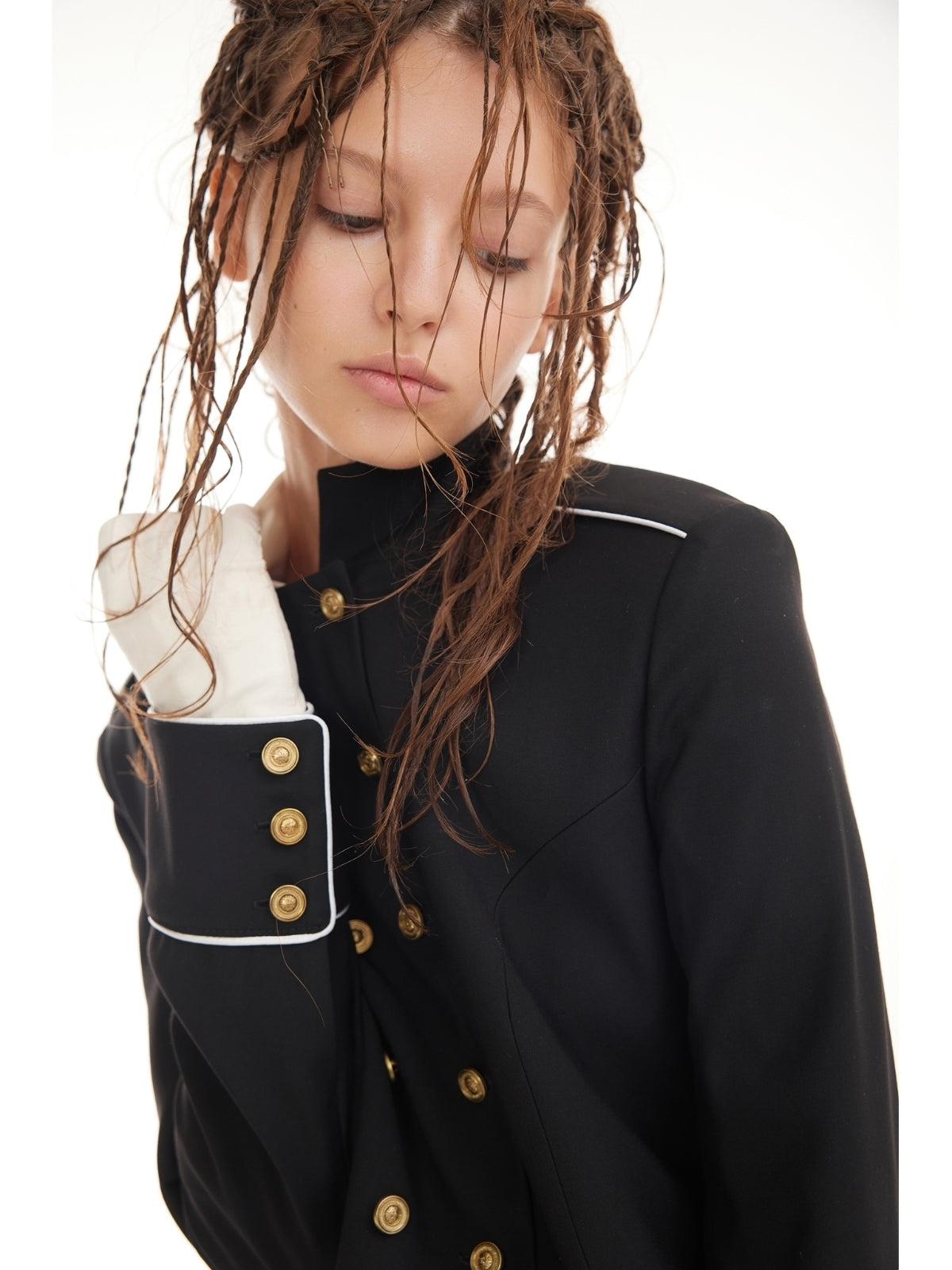 JULIA ALLERT black military cropped jacket with gold buttons, close-up on model, buy at DOORS NYC