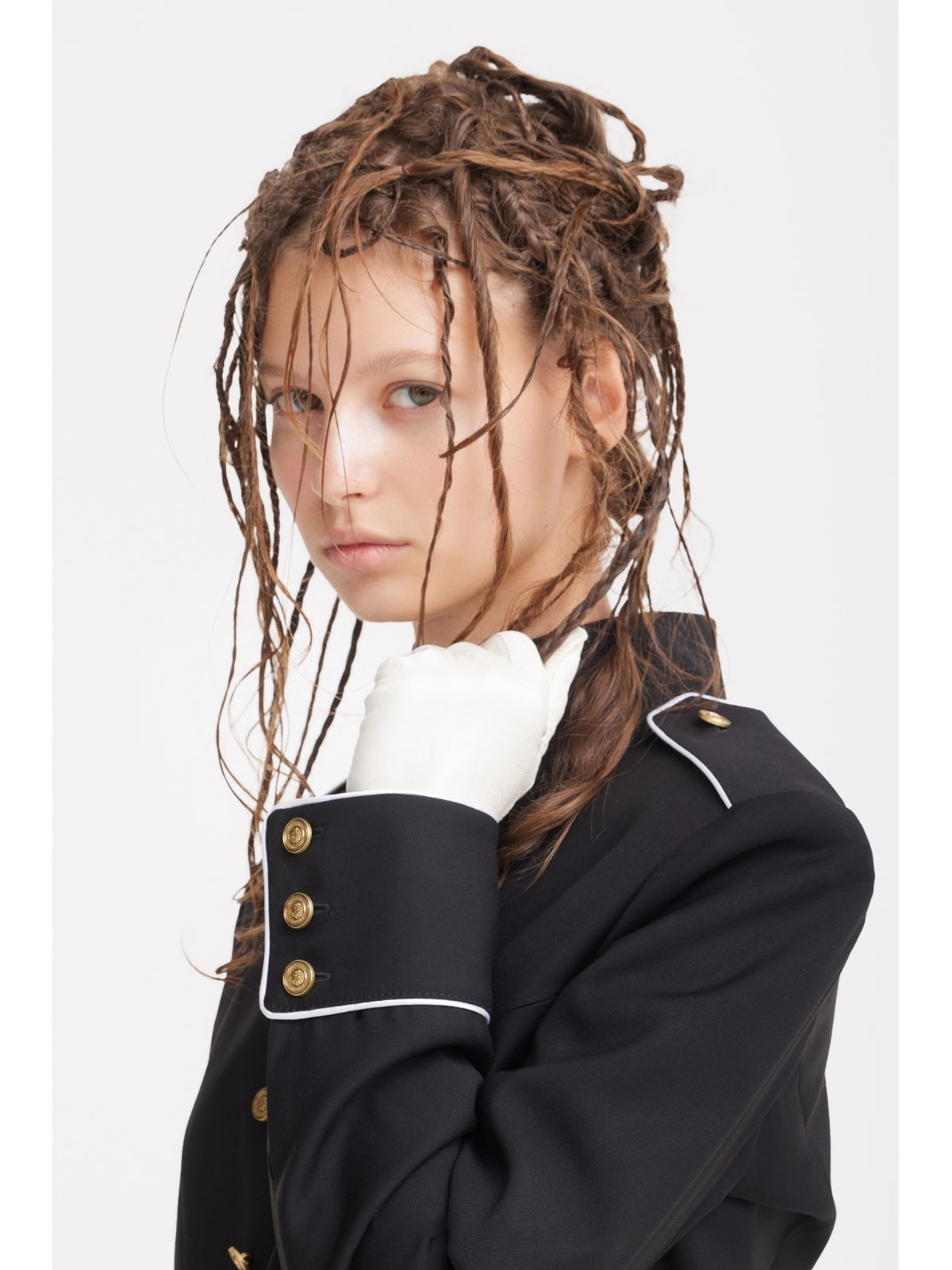 JULIA ALLERT black tailored military cropped jacket, front view on model, buy at DOORS NYC