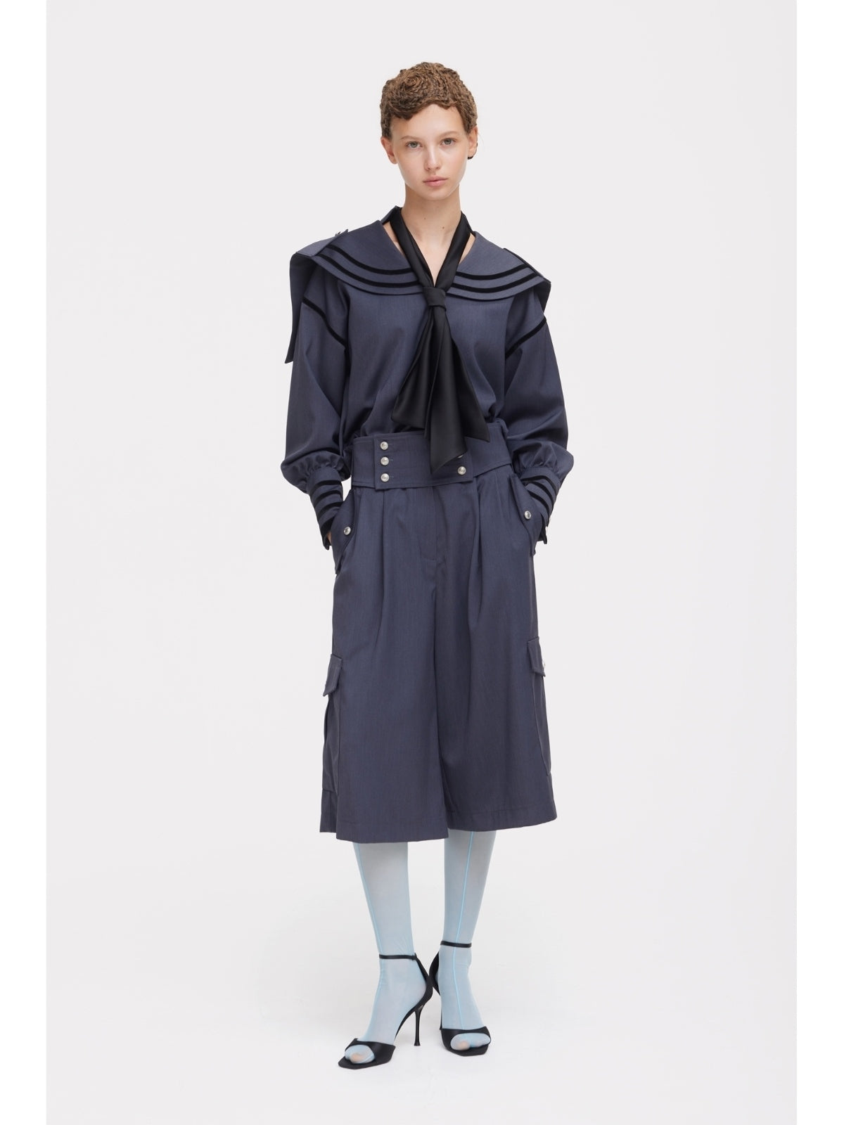 Contrast Piping Sailor Collar Tie Front Blouse | Grey Blue
