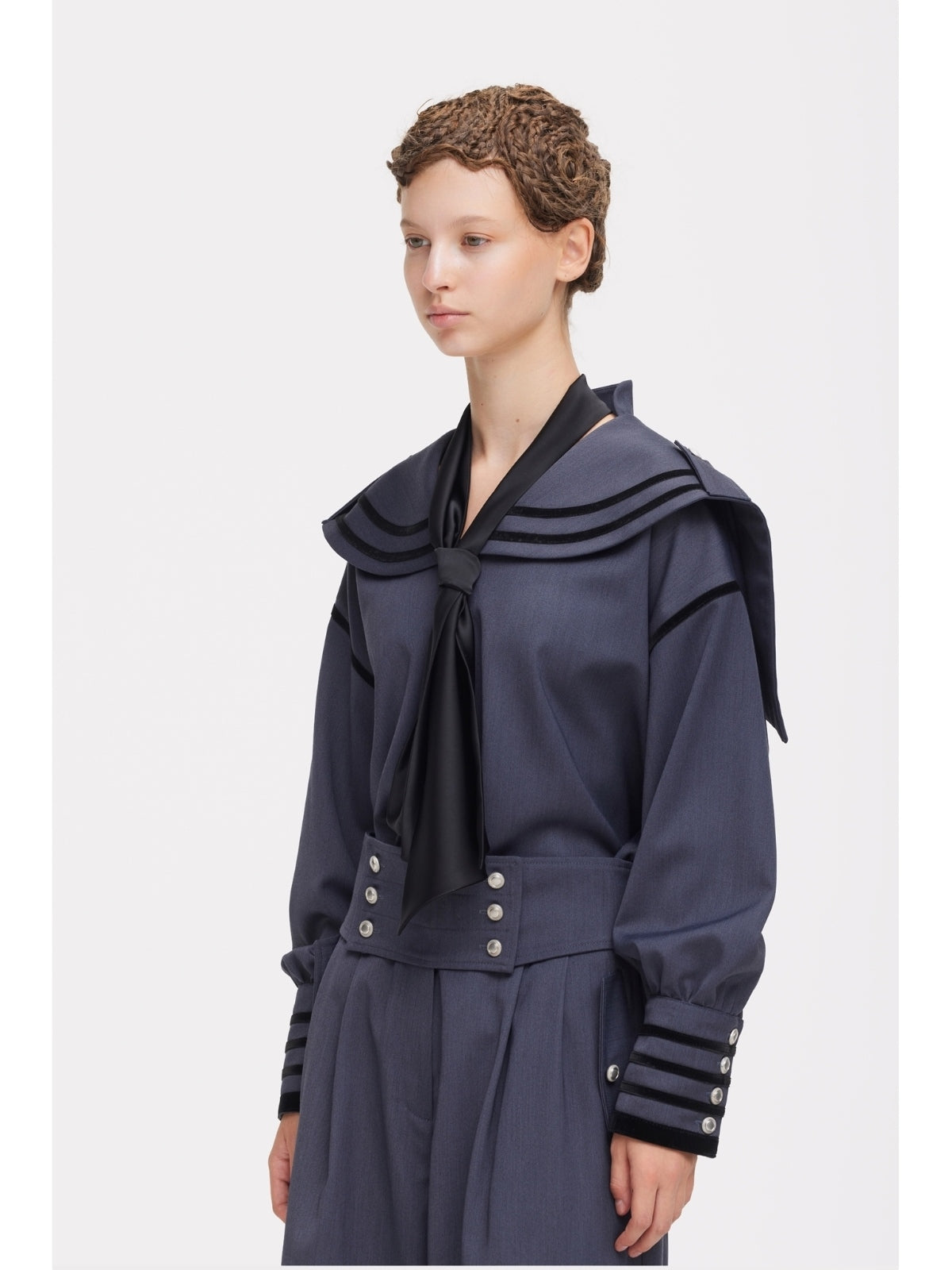 Contrast Piping Sailor Collar Tie Front Blouse | Grey Blue